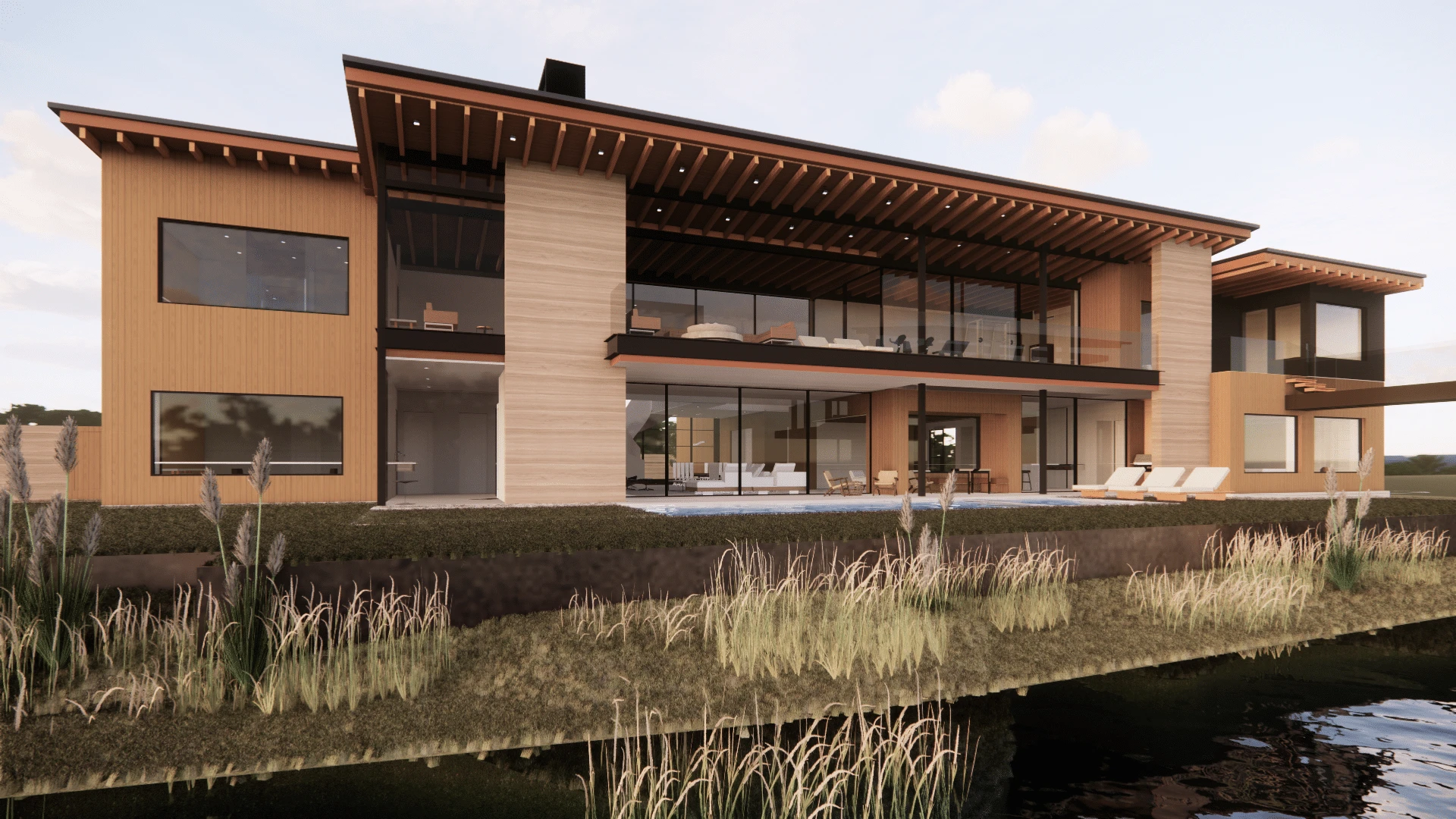 Architectural rendering of two-story rear facade with glass walls and waterside grasses, The Lakehouse