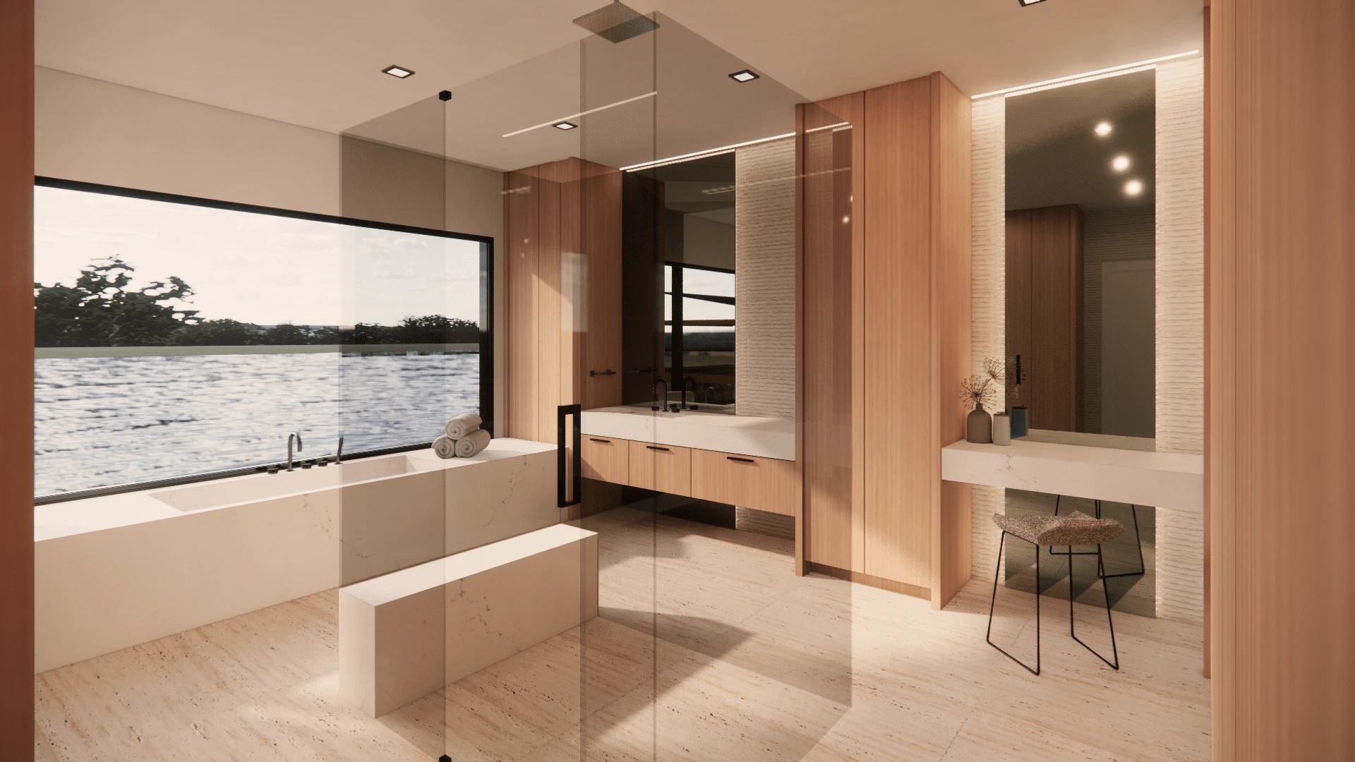 Architectural rendering of bathroom with stone tub under a window facing the lake, The Lakehouse