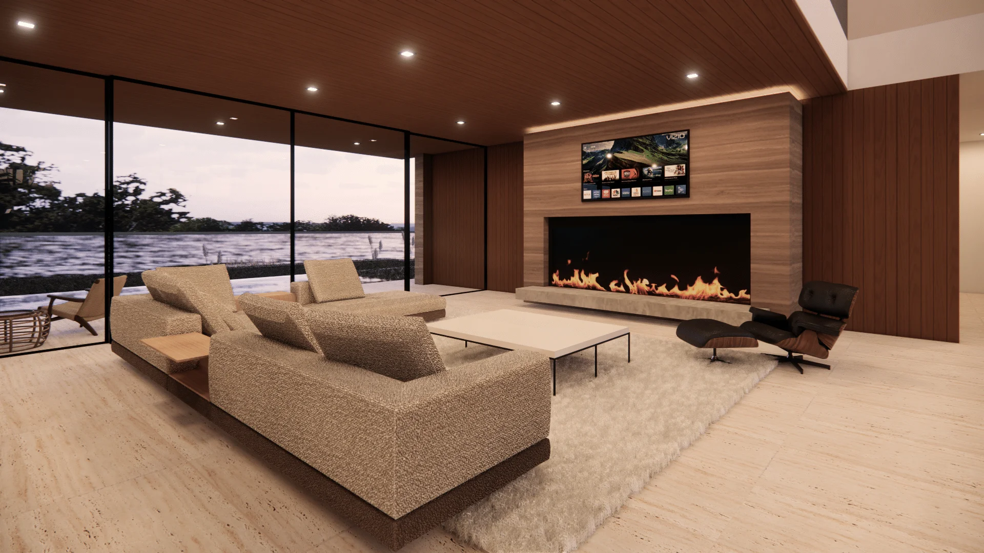 Architectural rendering of living room with linear fireplace and lake view through glass wall, The Lakehouse