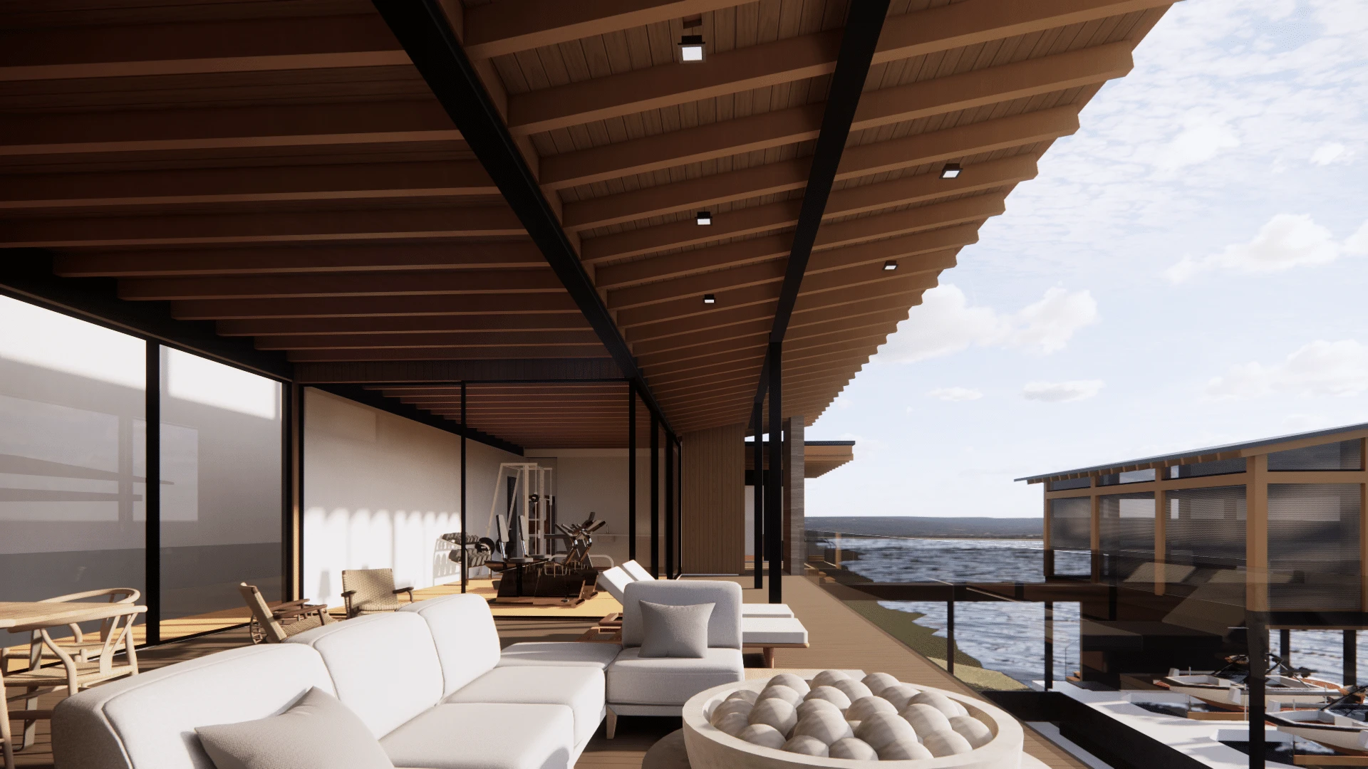 Architectural rendering of covered deck with wood beams, sectional sofa and lake view, The Lakehouse