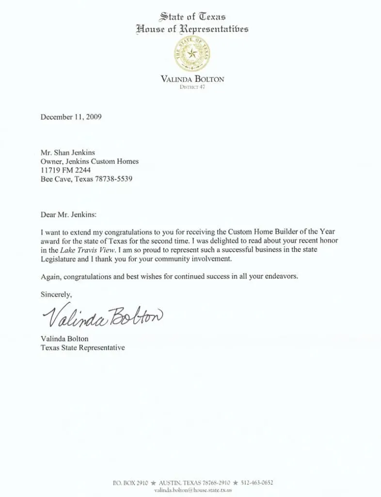 Congresswoman Letter of Congrats