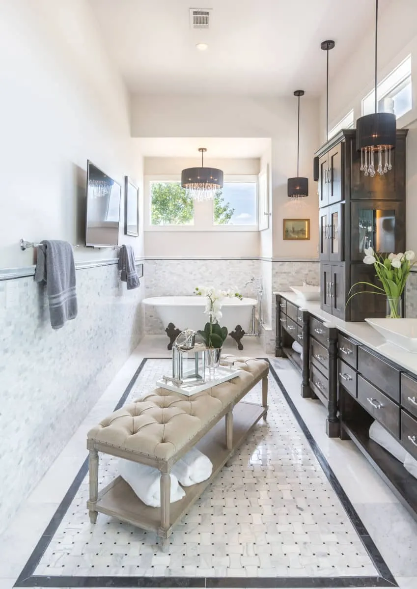 master bath, bathroom, bath tub, standing bath tub, luxury, luxury bath, jenkins, custom homes, jenkins custom homes, chandeliers, bathroom chandeliers, bathroom furniture, bathroom cabinets, bathroom sinks, sinks, mirrors, bathroom windows, windows, bathroom tiles, tiles, white tiles, wooden cabinets, bench