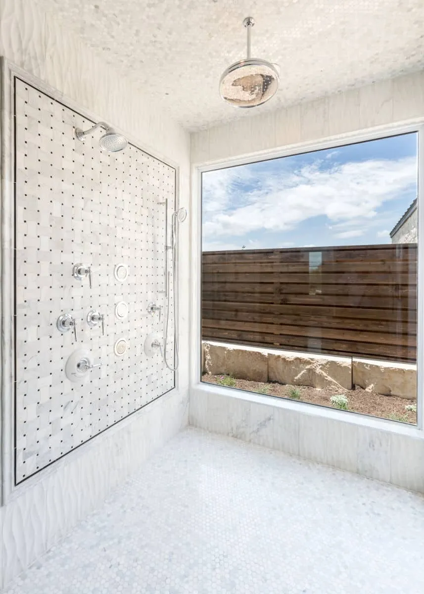 shower, luxury, jenkins, farmhouse, hill country, white tiles, luxury shower, big showers, showers with windows, big windows, marble showers, showers for two