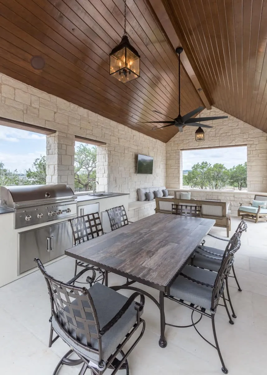 modern, farmhouse, lighting, large windows, wooden, lights, chairs, luxury, home, homes, custom homes, jenkins, hill country, stone, white stone, farm, rustic, wooden ceiling, stone floors, stone walls, cowboy, southern, grill, outdoor kitchen, outdoor chairs, outdoor chair, outdoor table, outdoor tables, outdoor grill, stainless steel grill, outdoor fans, outdoor furniture, patio
