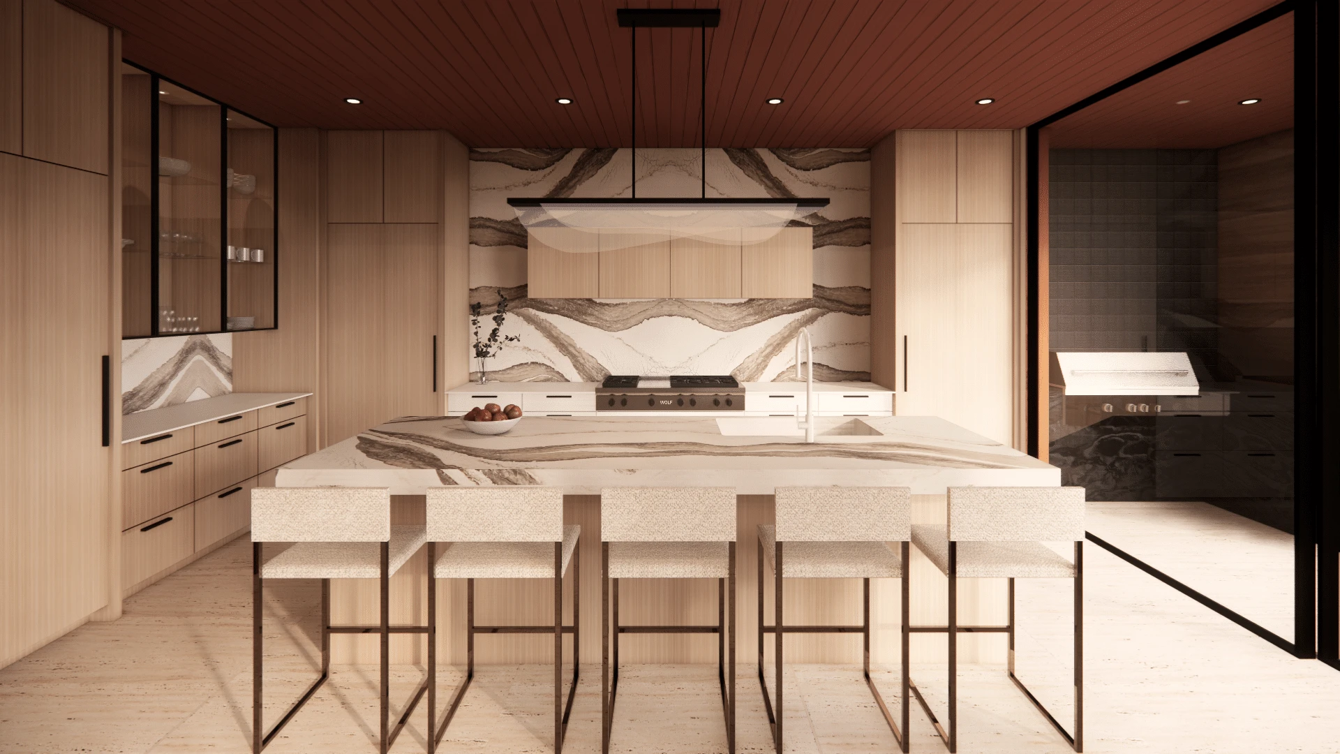 Architectural rendering of kitchen with veined stone backsplash and island seating for five, The Lakehouse