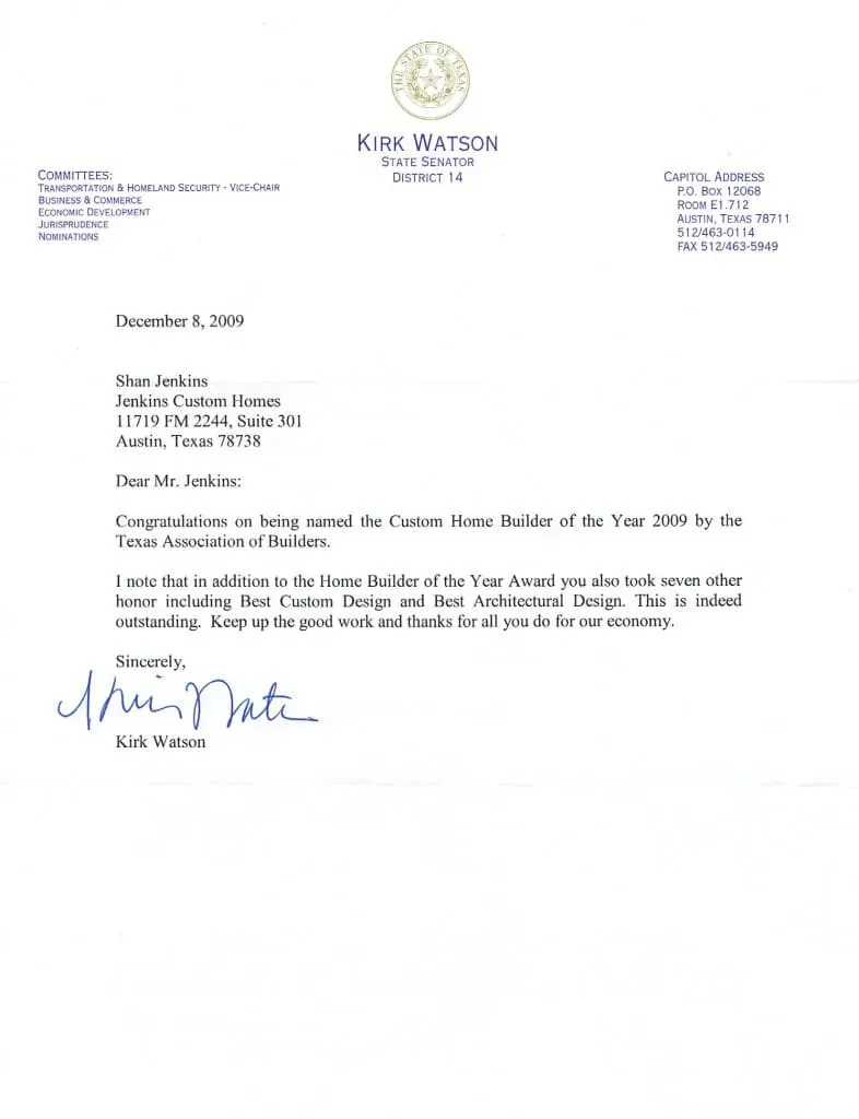 Senator Letter of Congrats