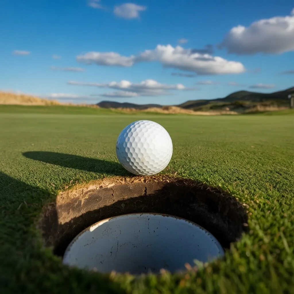 A golf ball poised on the edge of the hole at Areté Club's 18-hole course in Loraloma, Texas Hill Country