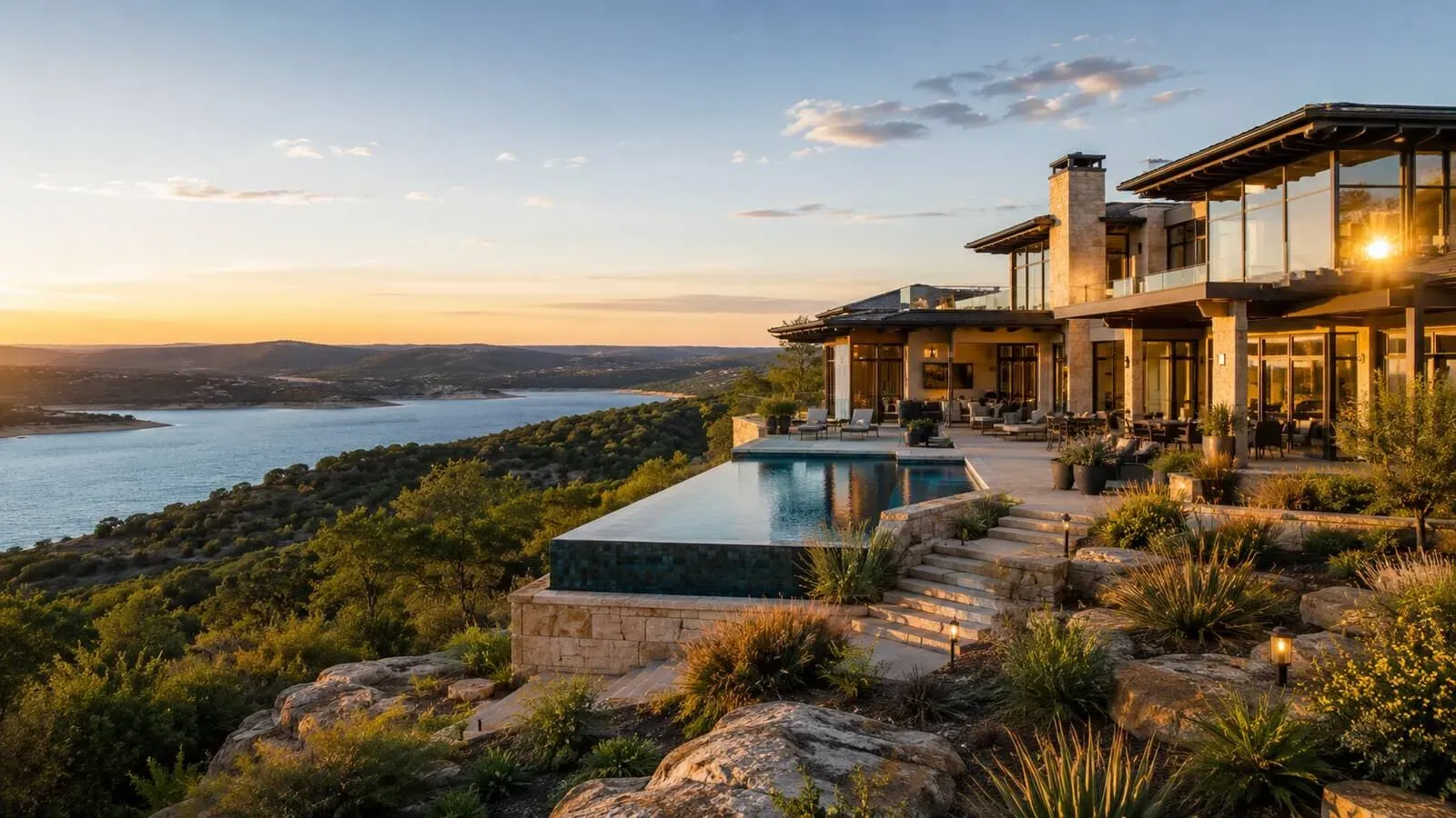 Luxury custom home on a Texas Hill Country ridge with an infinity pool overlooking Lake Travis at sunset