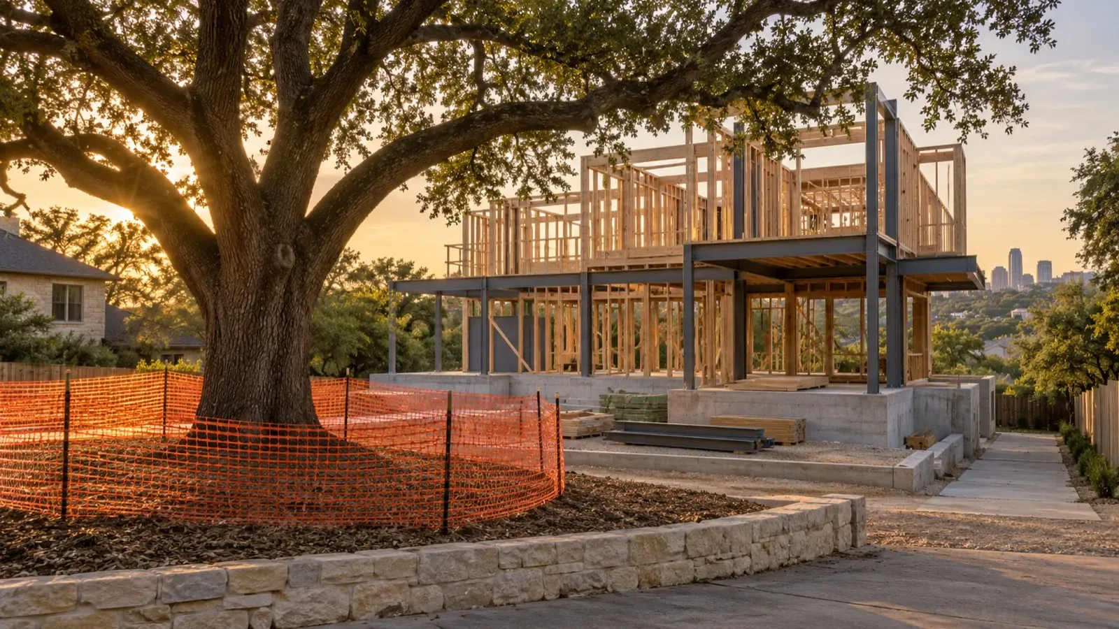 New custom home framing beside a protected live oak with tree fencing around its root zone in Austin
