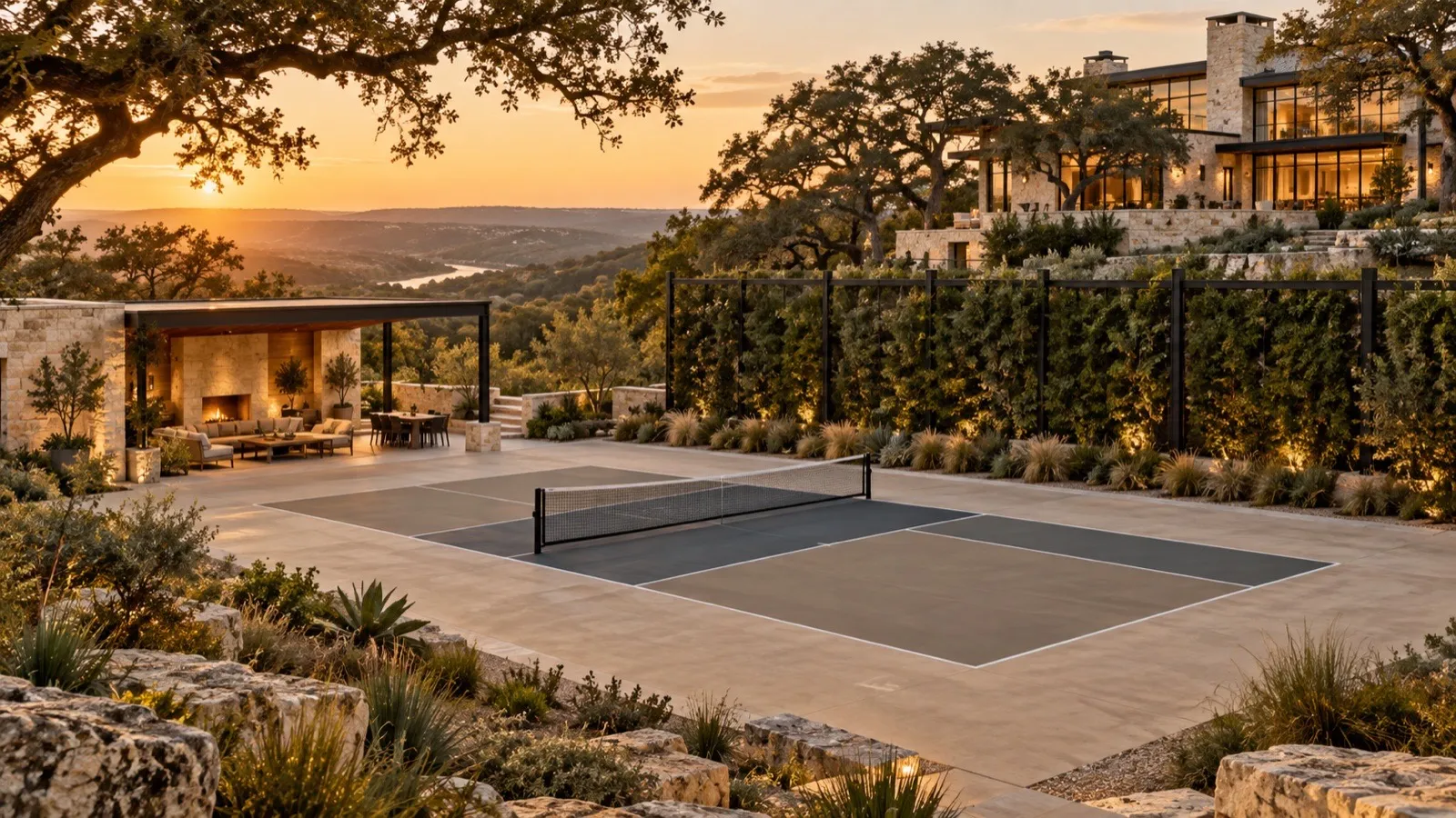 Backyard pickleball court with open run-off, a planted acoustic screen and a limestone pavilion on a Hill Country estate at golden hour