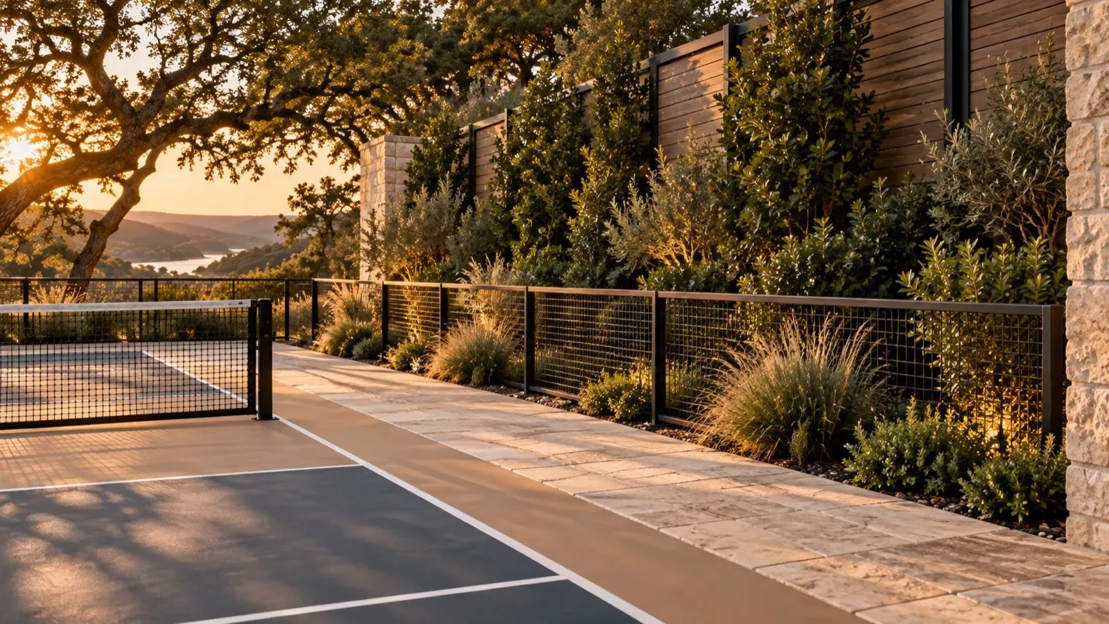 Court edge with a low blackened steel fence, evergreen hedge and a wood-slat screen beside a limestone path