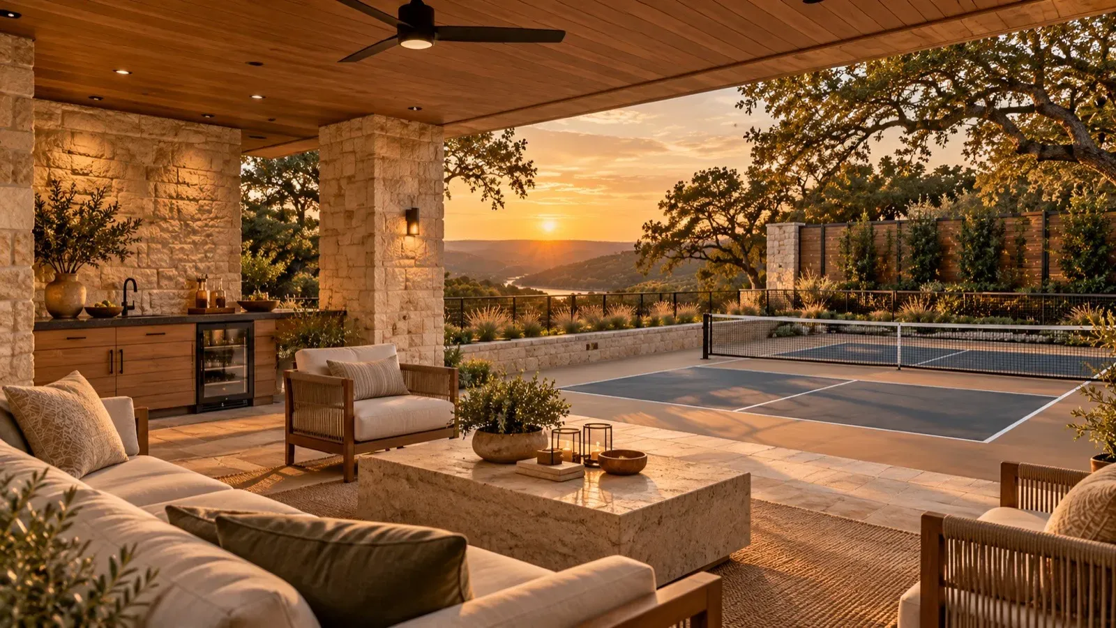 Shaded limestone and white oak pavilion with a beverage counter and lounge seating facing the court