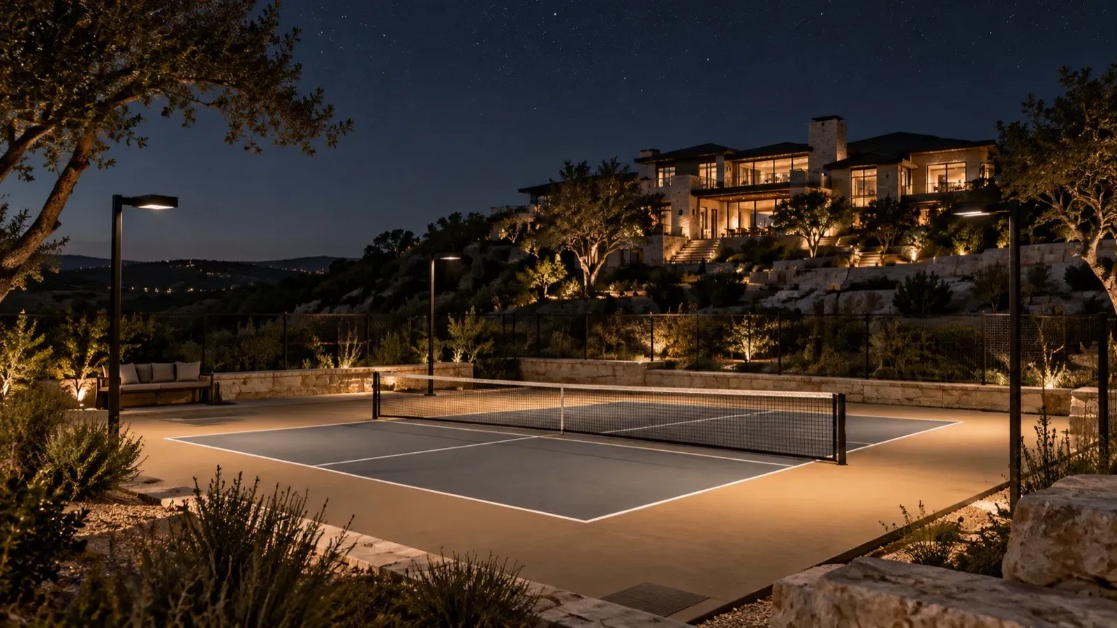 Pickleball court at night lit by low fully shielded pole lights under a dark Hill Country sky