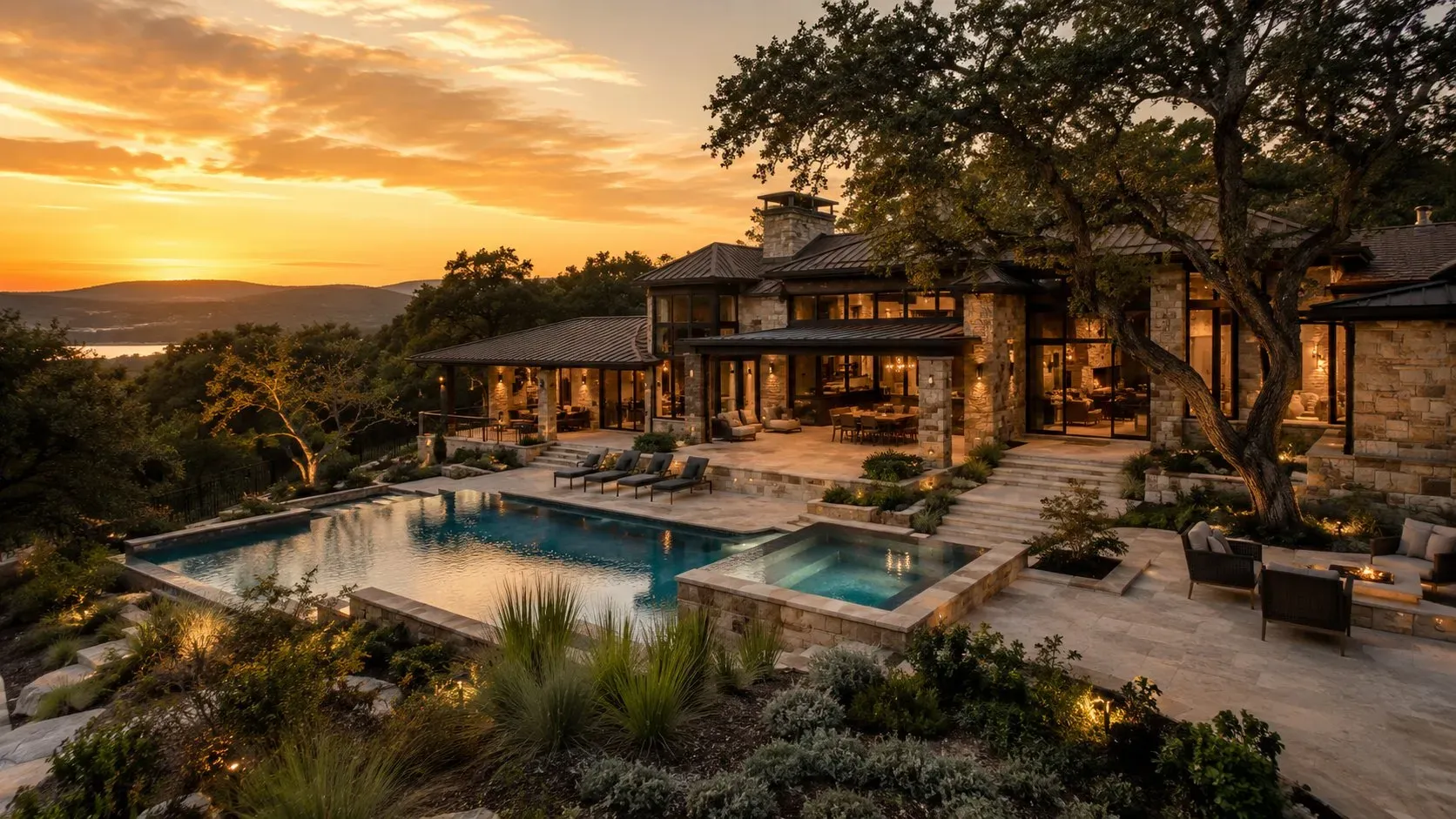 Stone-and-glass Hill Country modern custom estate on a wooded acreage lot at golden hour in Belvedere near Lakeway, Austin