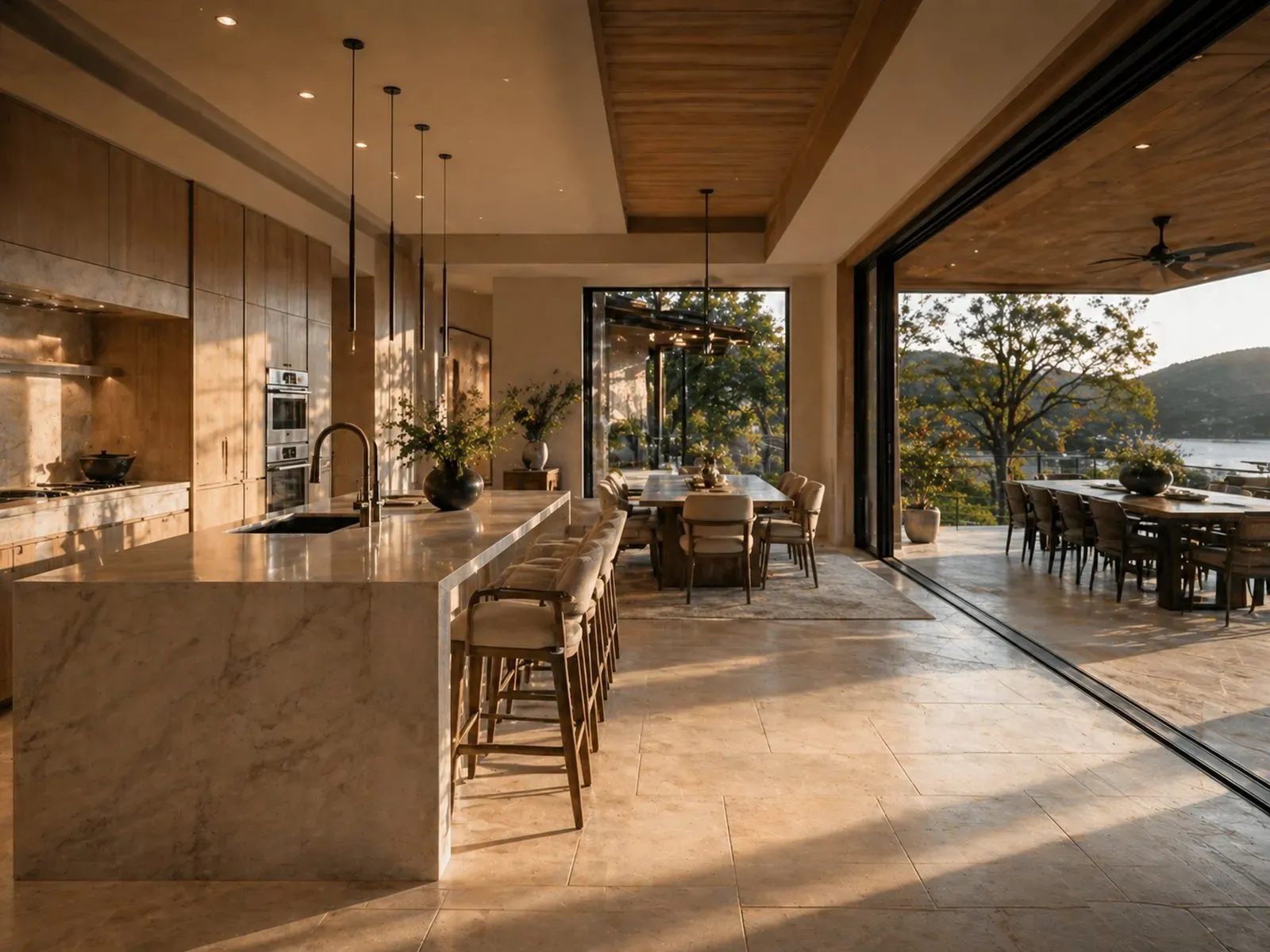 Lake Travis luxury kitchen with quartzite island where the RO line feeds the prep sink and the ice maker