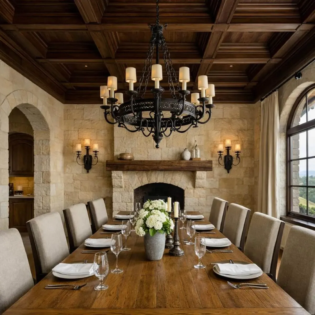 Coffered wood ceiling and iron chandelier in a formal dining room of a Texas Hill Country estate