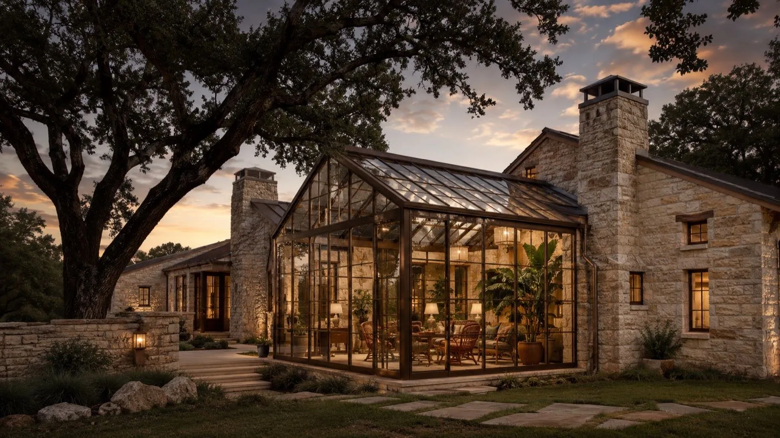 Steel-framed glass conservatory adjoining a limestone Hill Country residence, an example of conservatory design for a luxury custom home.