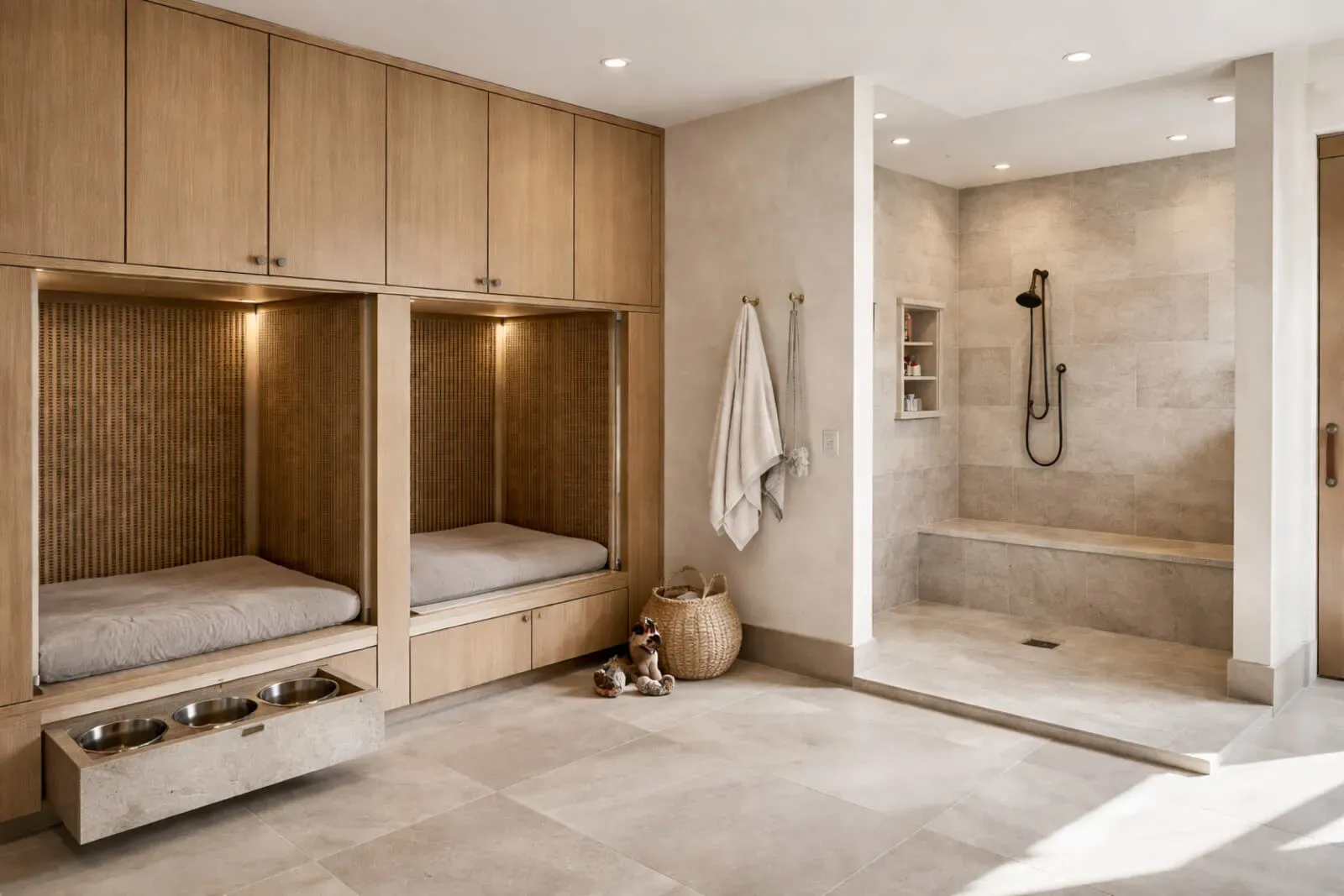 Custom dog room with built-in sleeping areas and pet shower