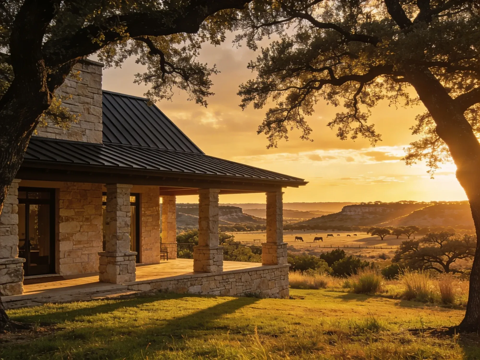 Custom home builders Central Texas, luxury Hill Country estate at golden hour, Jenkins Design Build