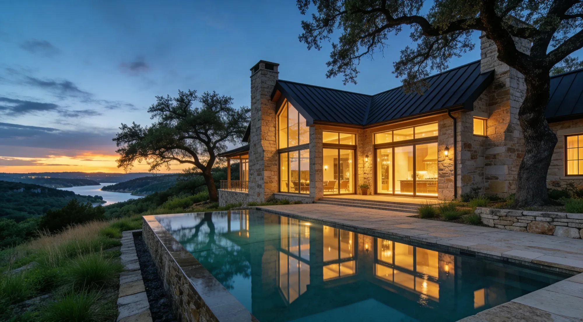 Custom home builders West Austin TX, luxury Hill Country estate at dusk, Jenkins Design Build
