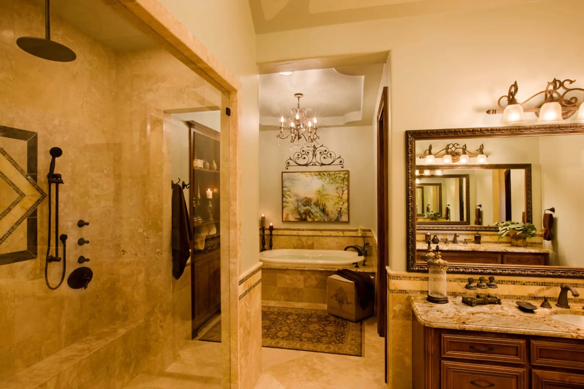 Bathroom with soaking tub alcove, chandelier and framed mirror beside the shower, Modern Mediterranean Parade Home