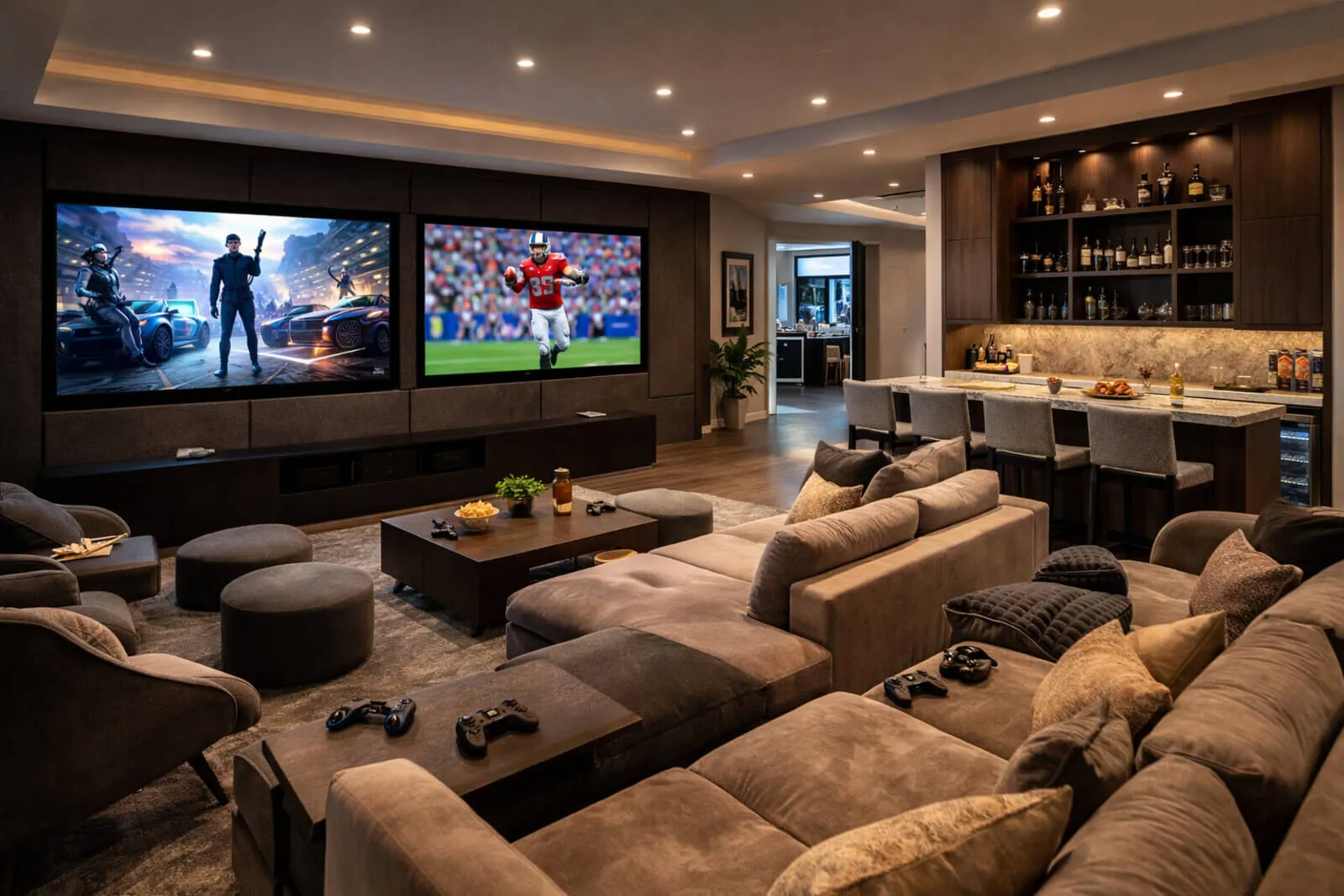 Estate media room with bar and dual screens