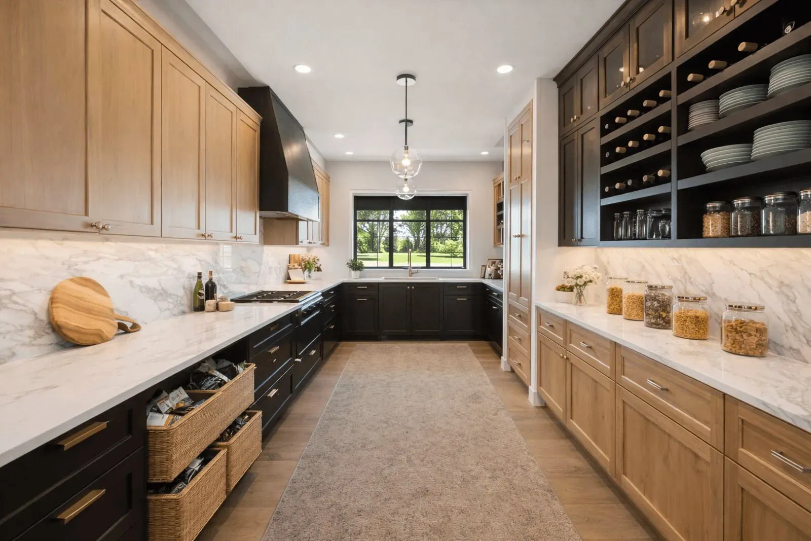 Estate pantry with zoned storage, marble countertops, mixed cabinetry finishes, and pull-out baskets