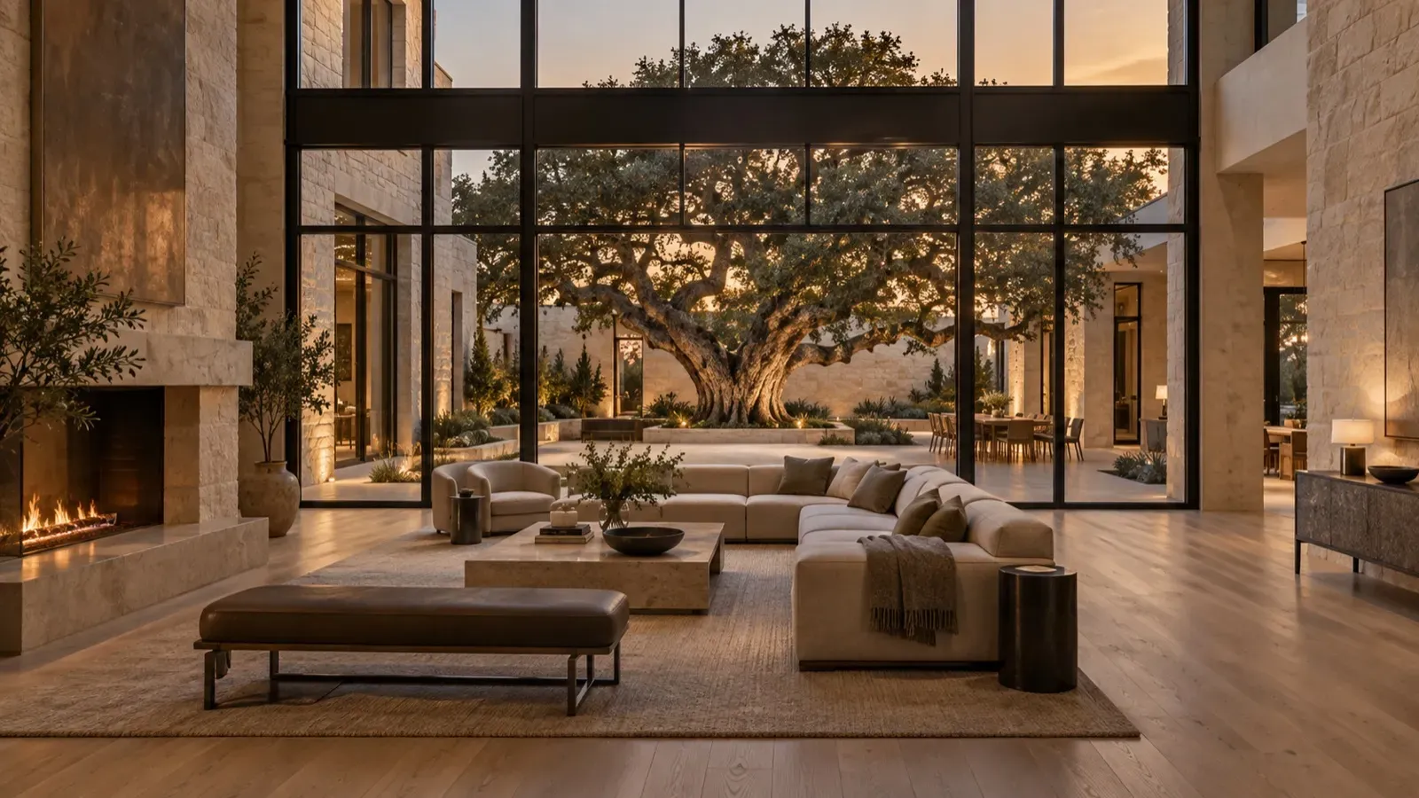 Great room of a Hill Country estate opening through steel windows to a courtyard built around a preserved heritage live oak