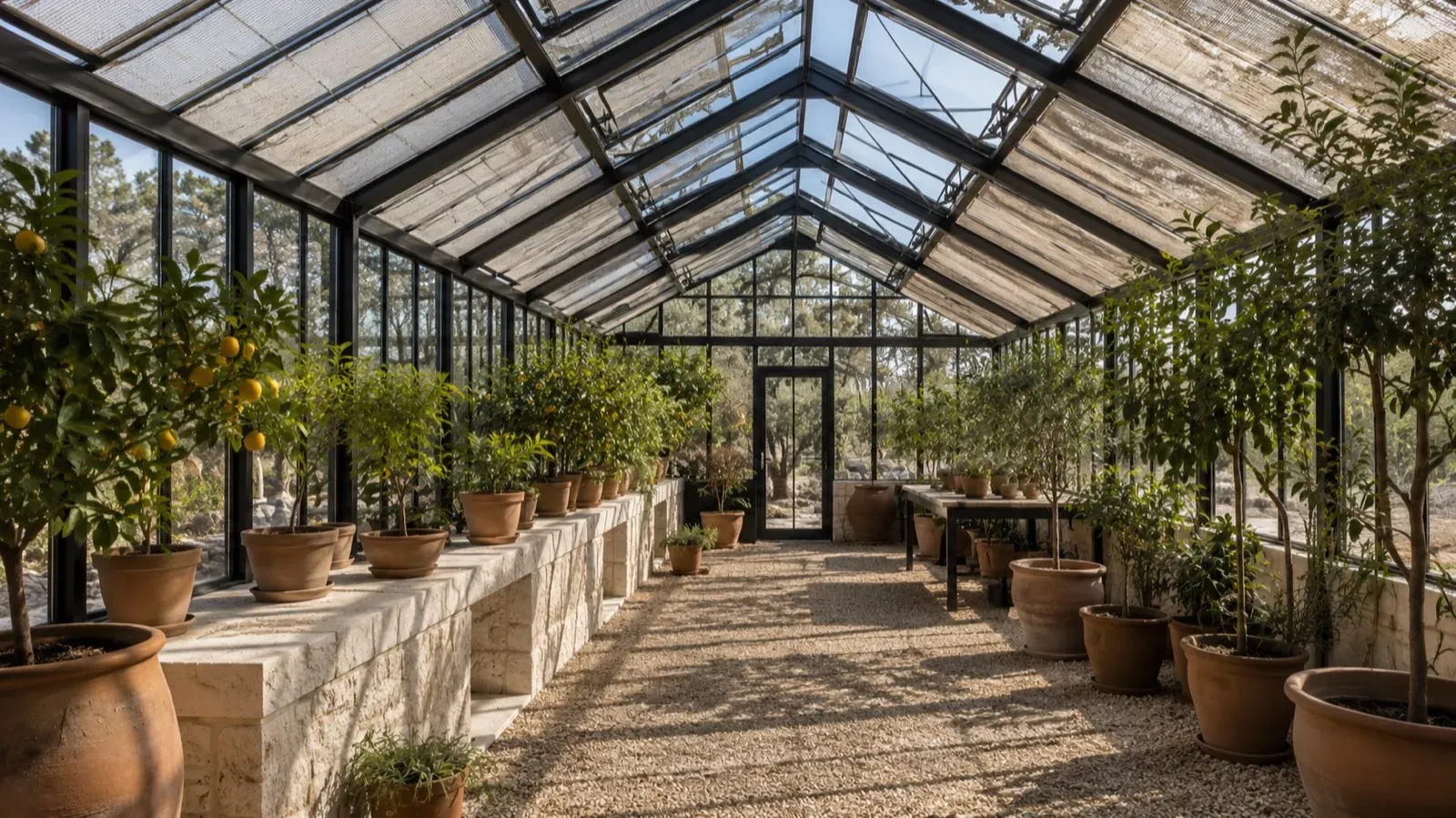 Greenhouse interior showing ridge ventilation and external shade cloth for Texas summer heat