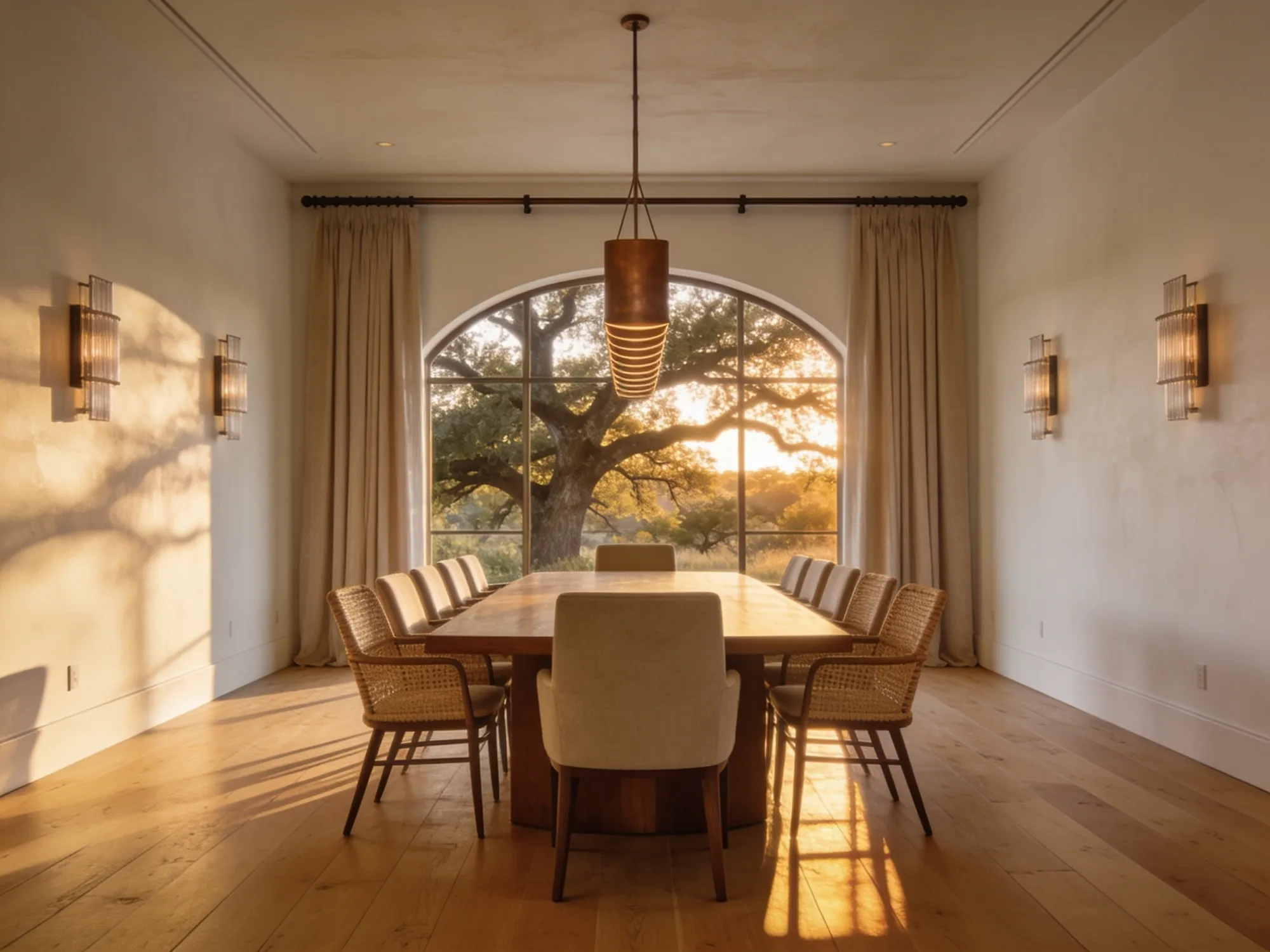 Formal dining room with oak-tree window view and warm sunset light in a Hill Country luxury custom home