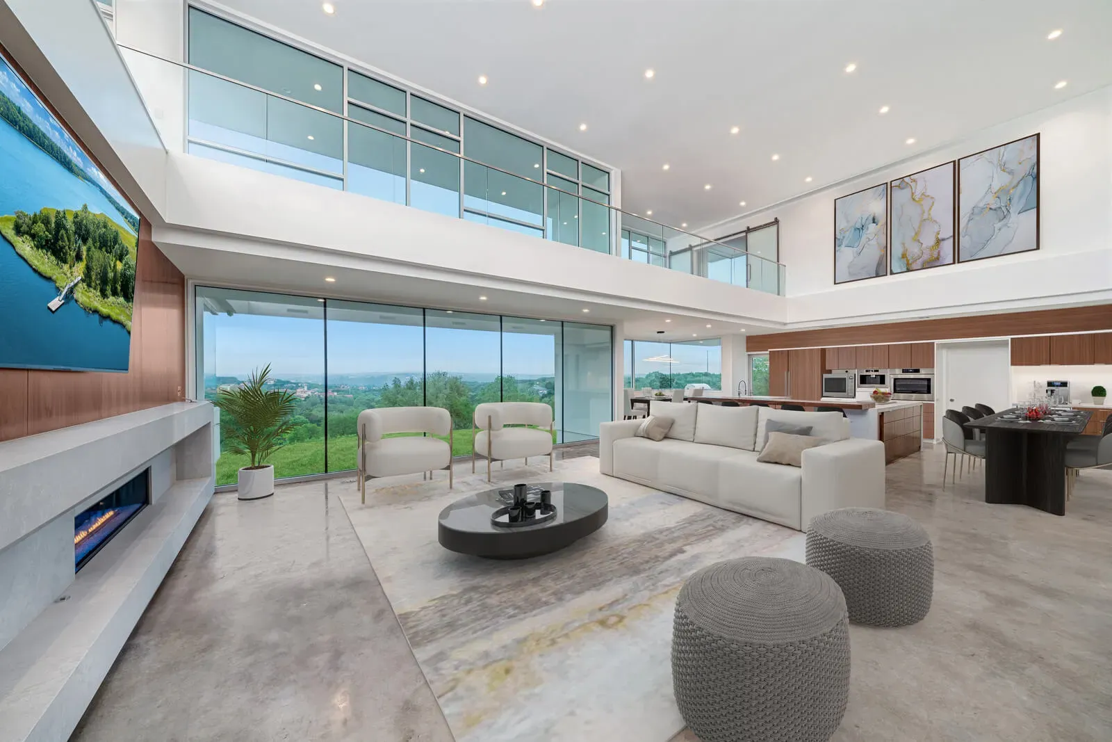 modern open living room with polished concrete floor