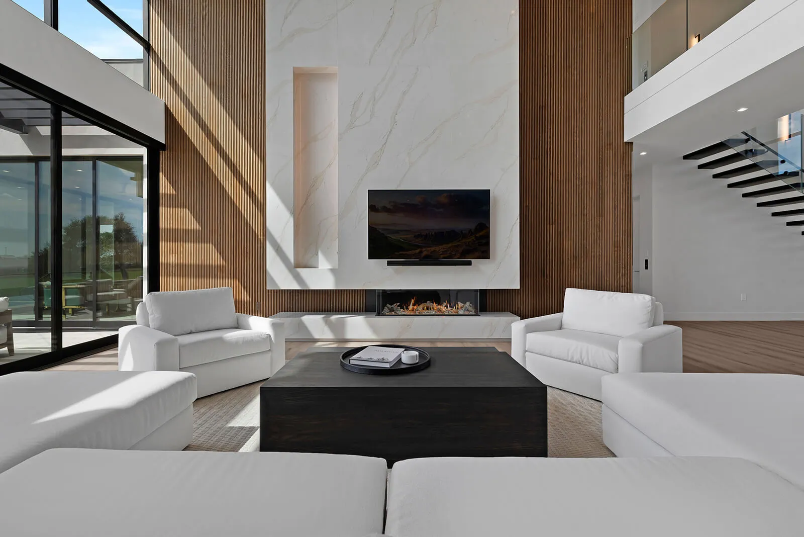 Architectural fireplace in a luxury great room