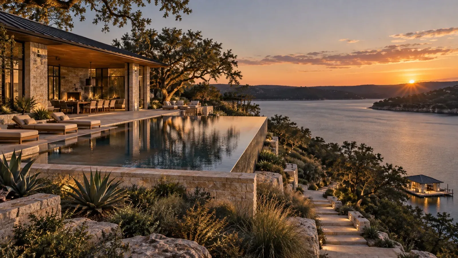 Limestone pool terrace above Lake Travis with native planting and steps down to a private boathouse