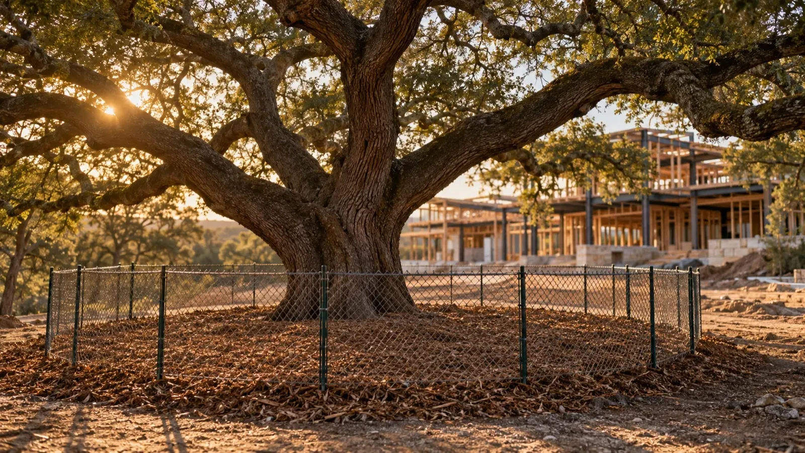 Chain-link tree protection fencing and mulch around a large live oak on an Austin custom home site