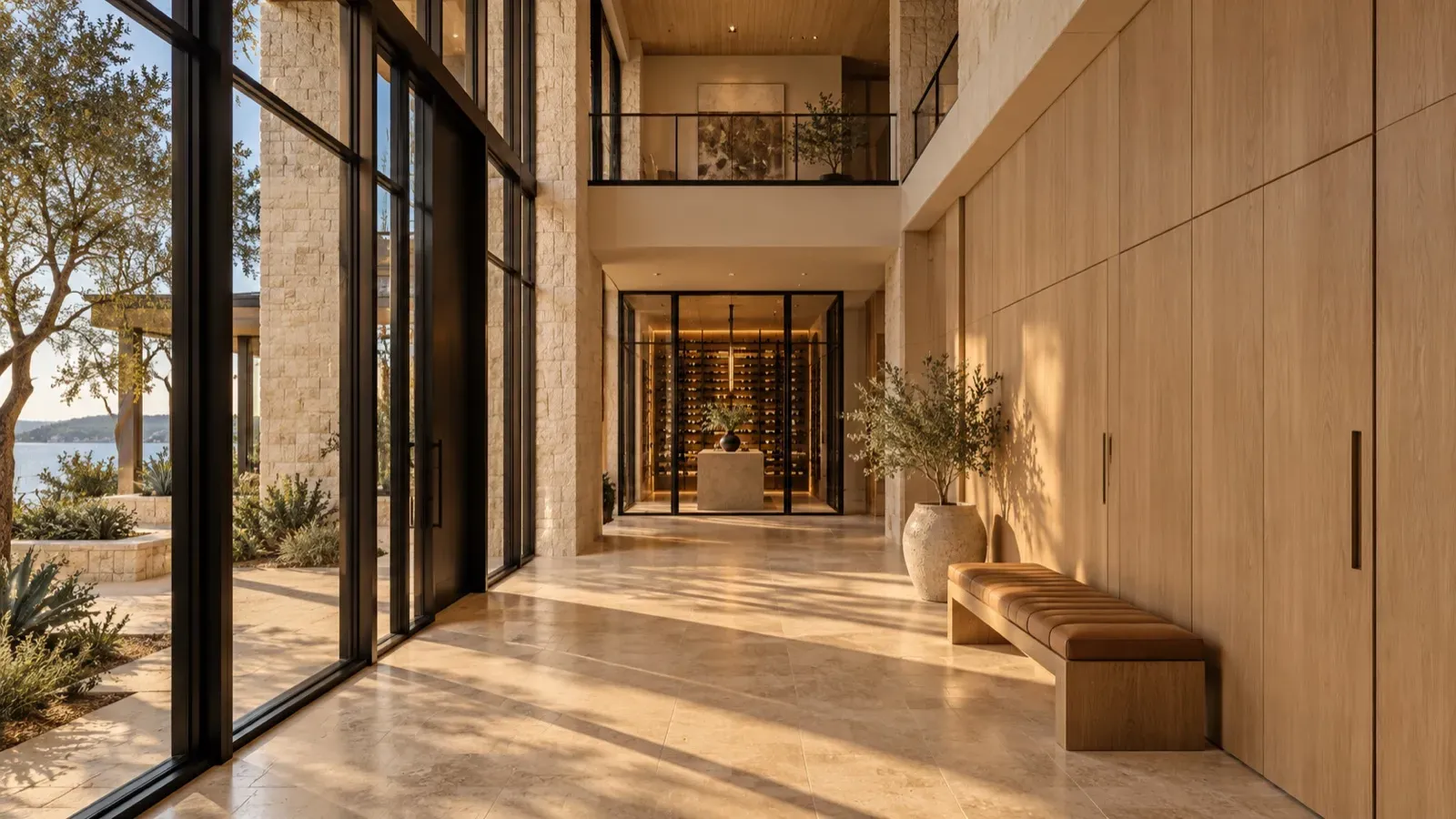 Arrival gallery of a Lake Travis estate with white oak storage wall and a wine room beyond