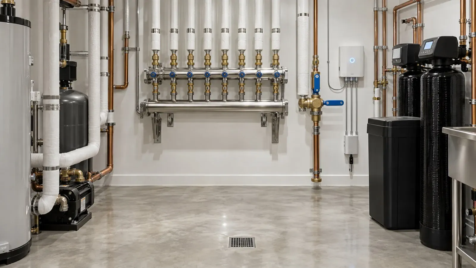 Mechanical room with a water manifold, main shutoff valve and leak detection controller