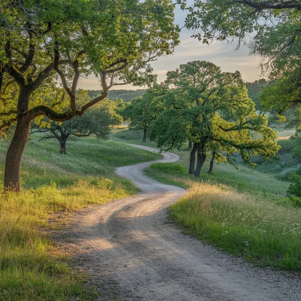 A serene, well-maintained hiking trail winding through the natural landscape of Loraloma's private trail system in Texas Hill Country