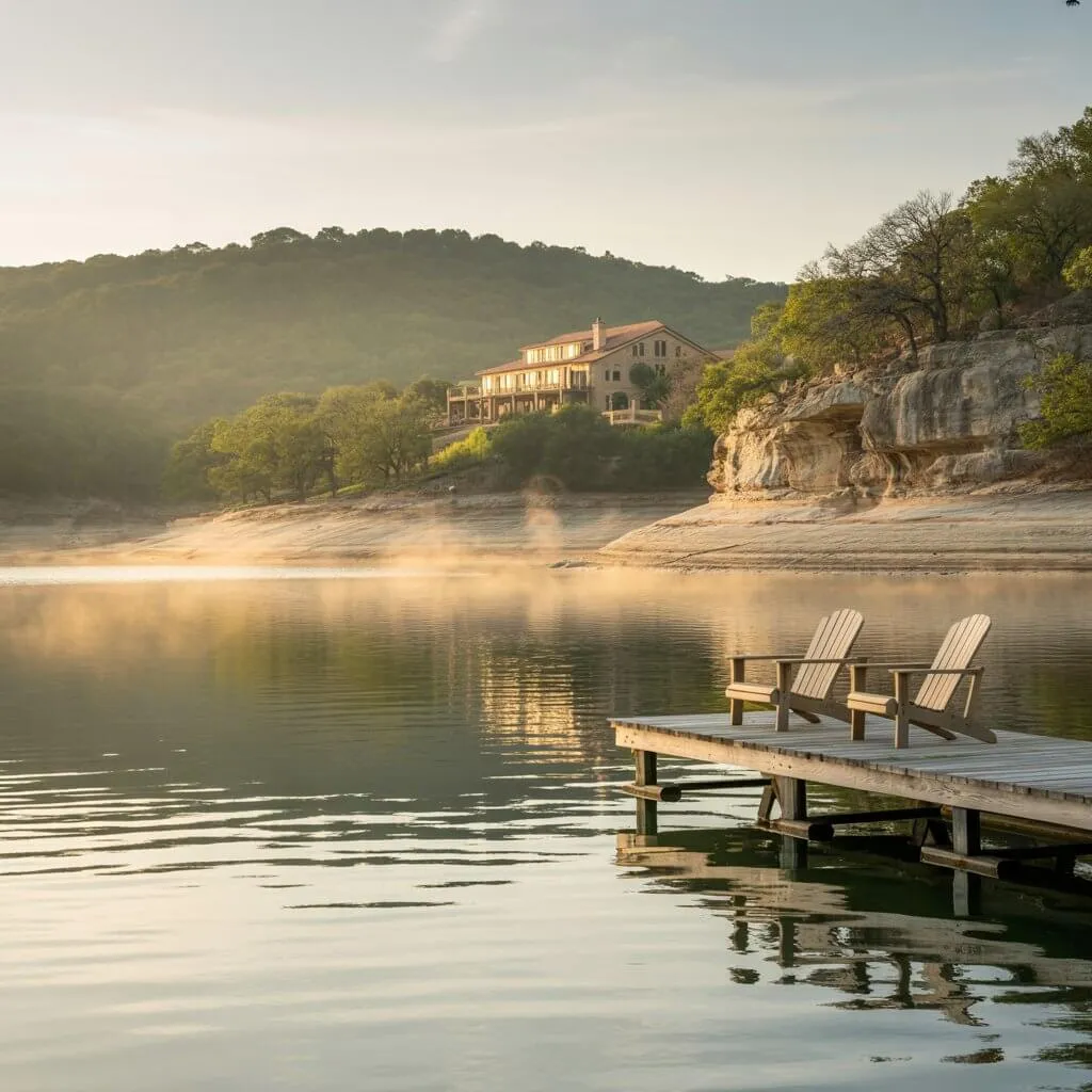 Private river frontage at Lake Travis with the Riverside Clubhouse at Loraloma, showcasing exclusive waterfront living in Texas Hill Country