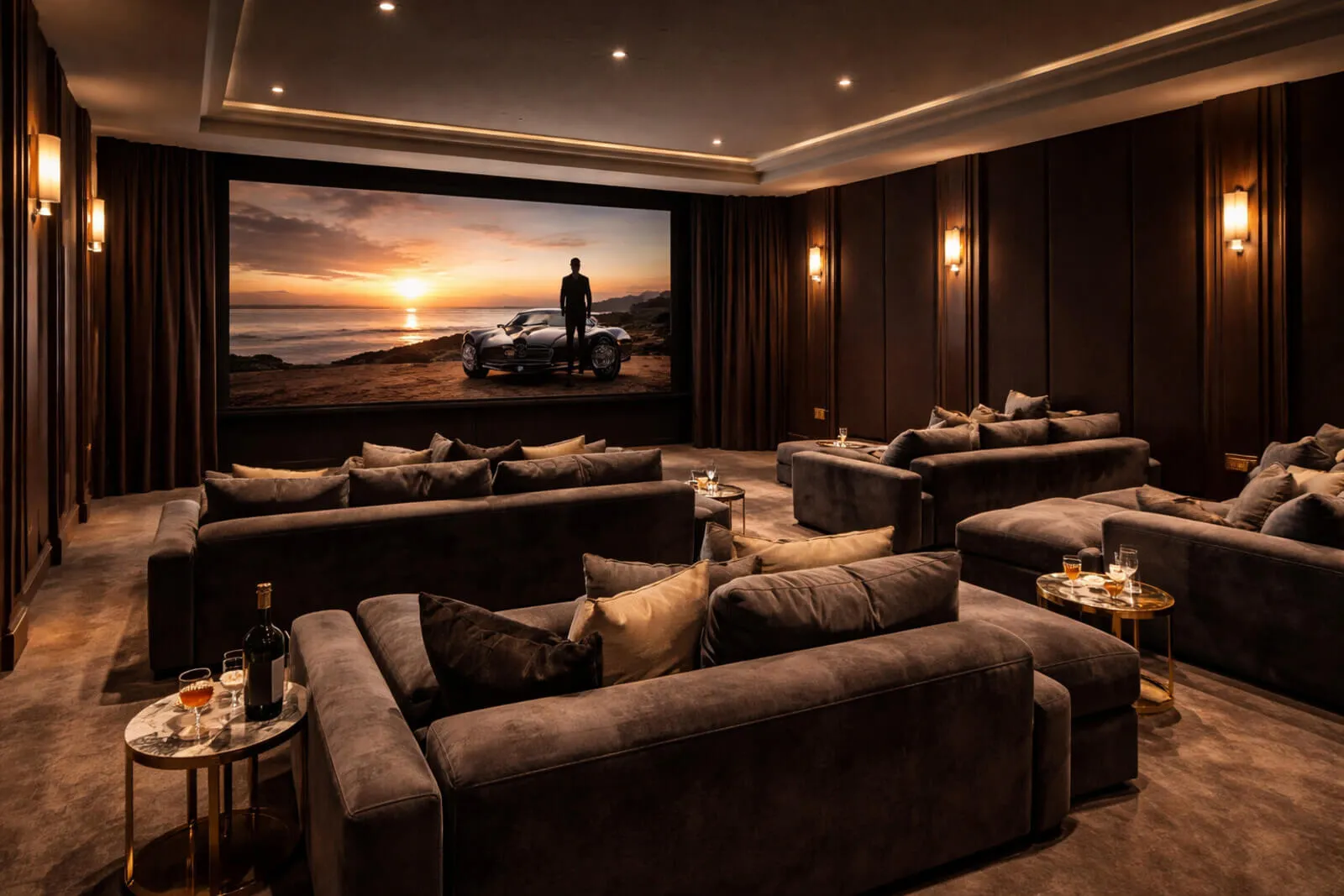 Luxury screening room with dark acoustic walls