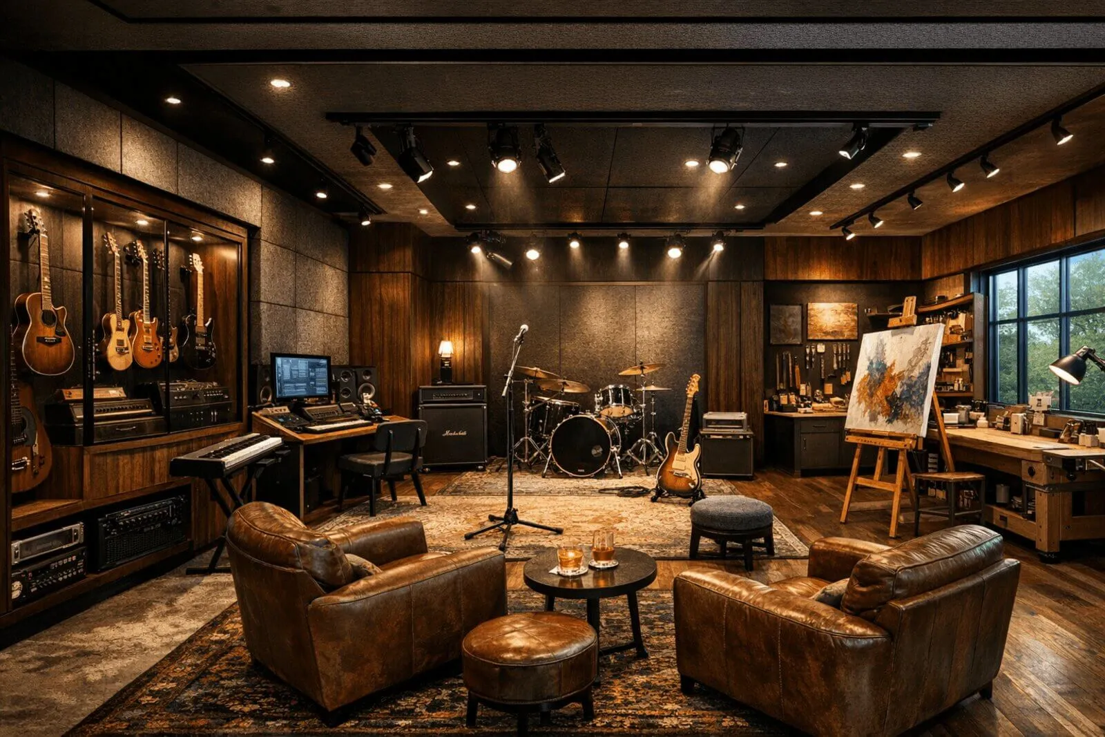Wood-paneled music room in a Central Texas estate, designed for grand piano placement and acoustic isolation, an example of music room design for a luxury estate.
