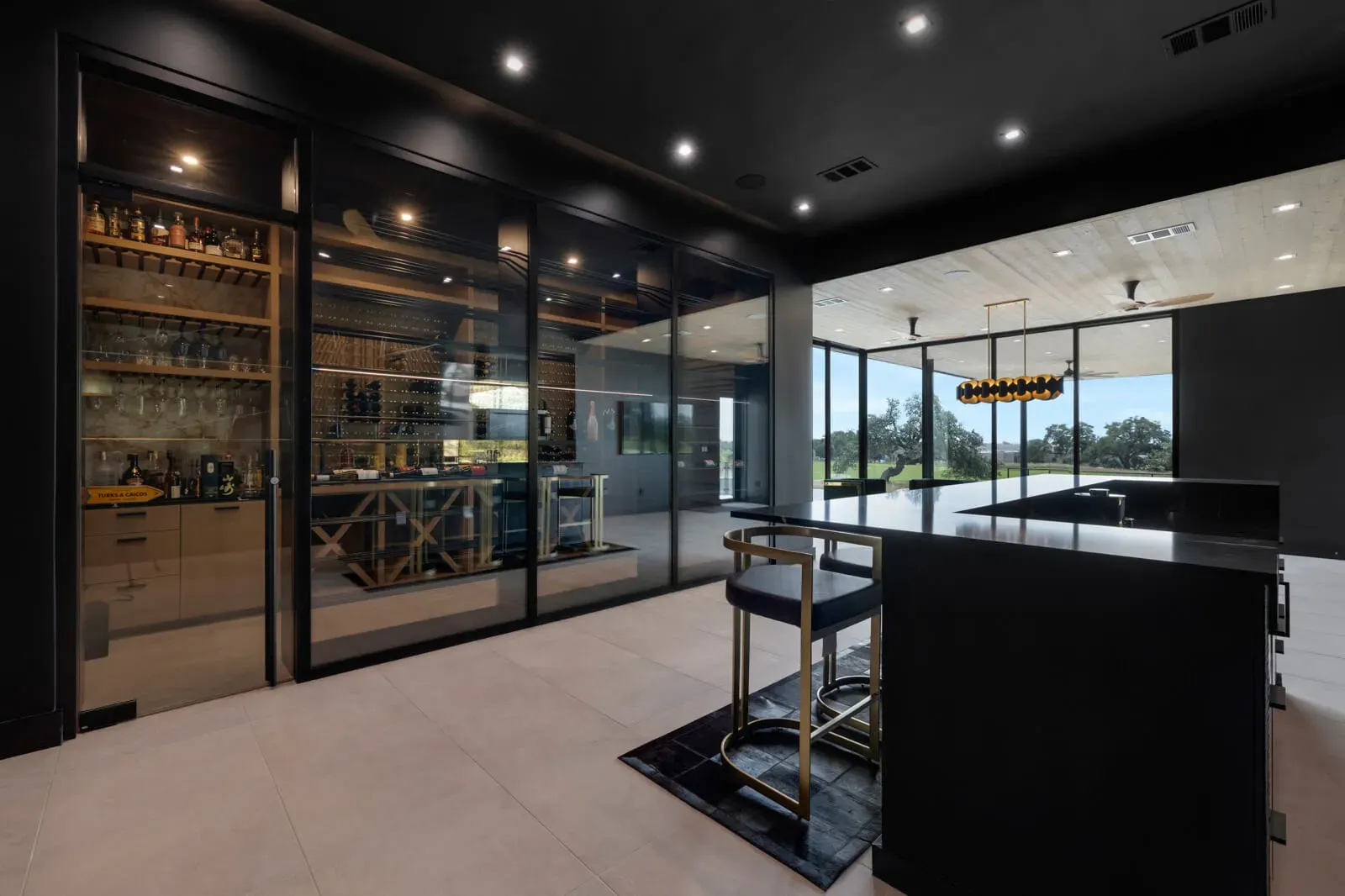 luxury wine room with porcelain floor and glass walls