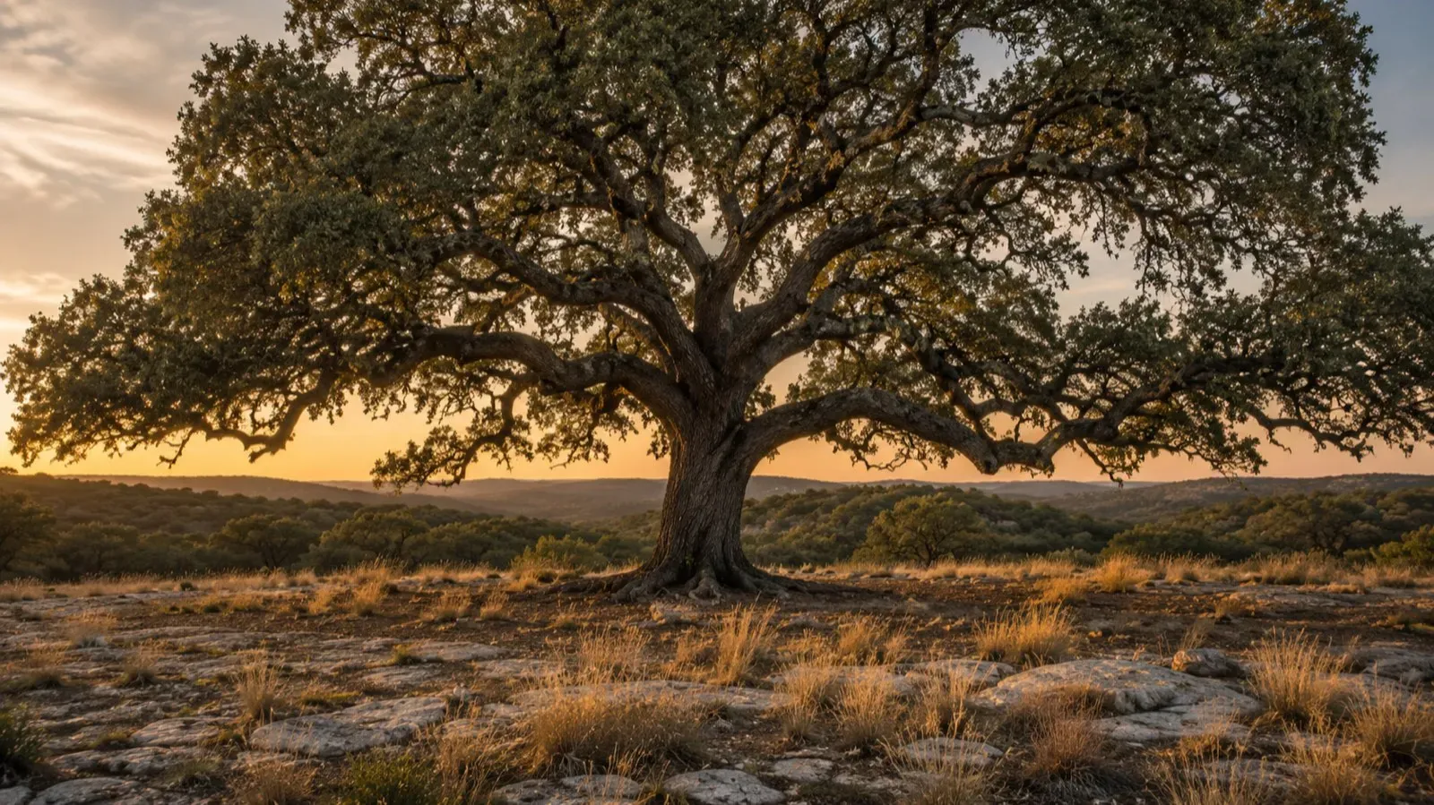 Mature live oak whose critical root zone constrains where a backyard putting green can be built