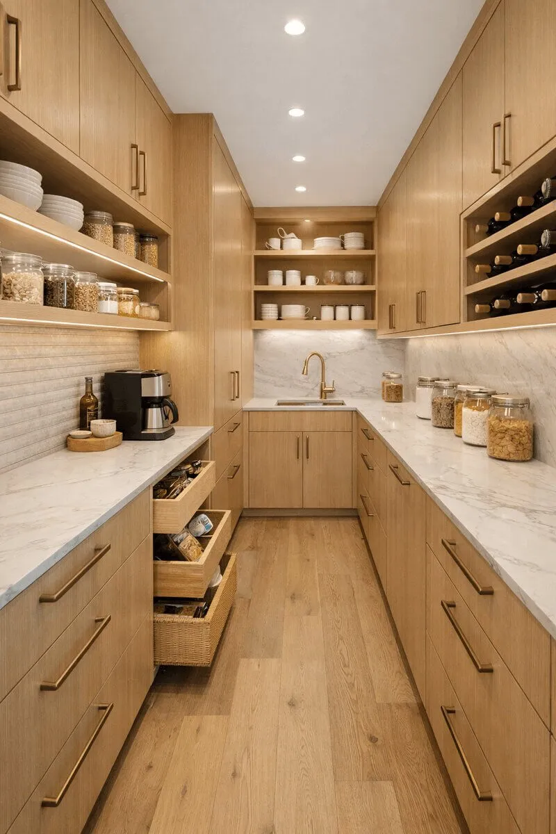 Modern luxury pantry with light wood cabinetry, coffee station, and organized dry goods storage
