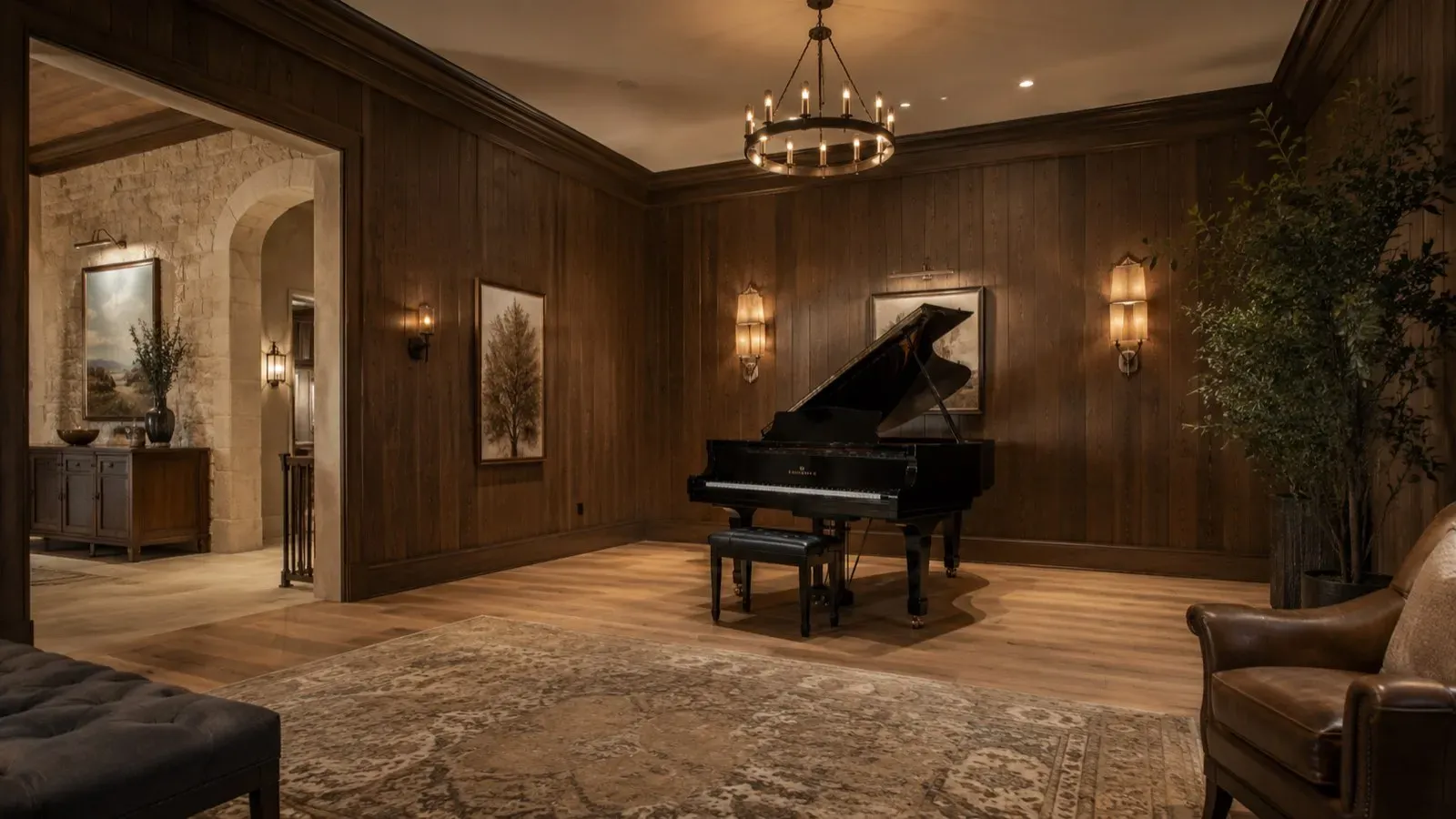 Grand piano positioned against an interior wall, away from windows and HVAC vents, in a custom Hill Country music room.