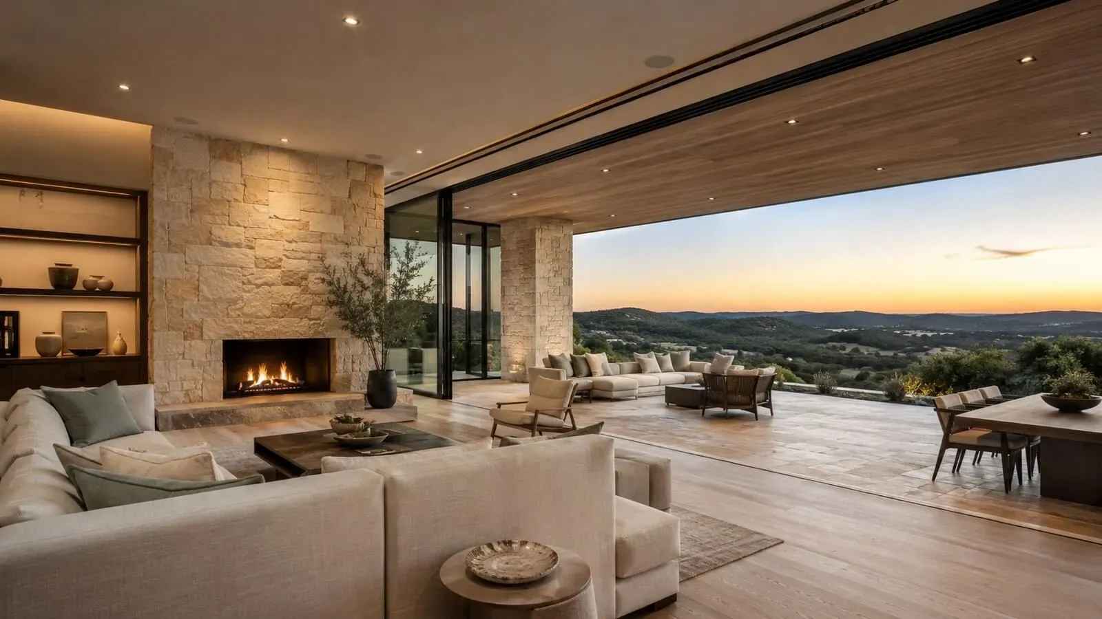 Great room of a luxury Austin custom home with a retracted floor-to-ceiling glass wall opening to a Hill Country view