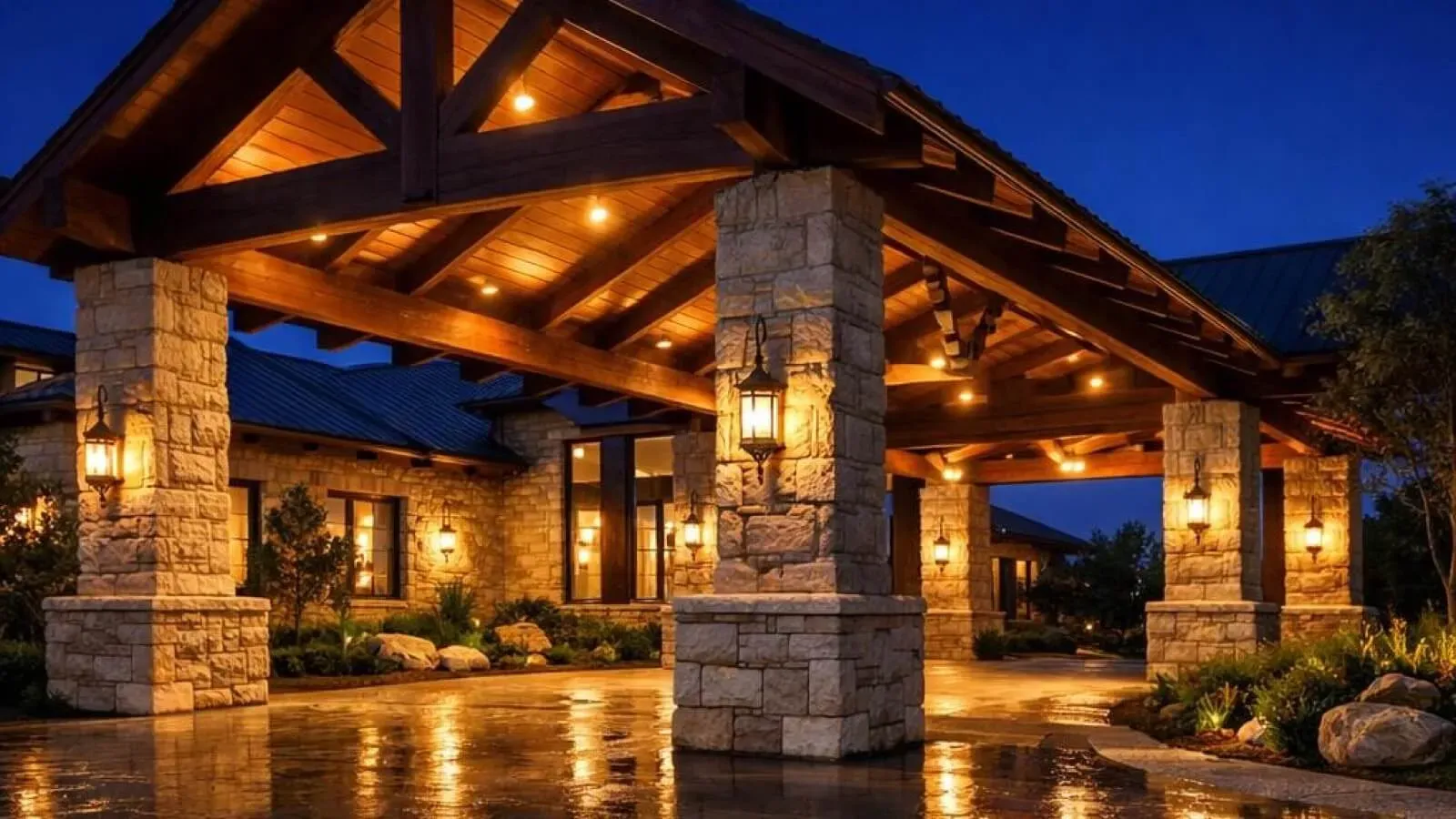 Limestone and timber porte-cochere lit warmly at blue hour on a Hill Country estate