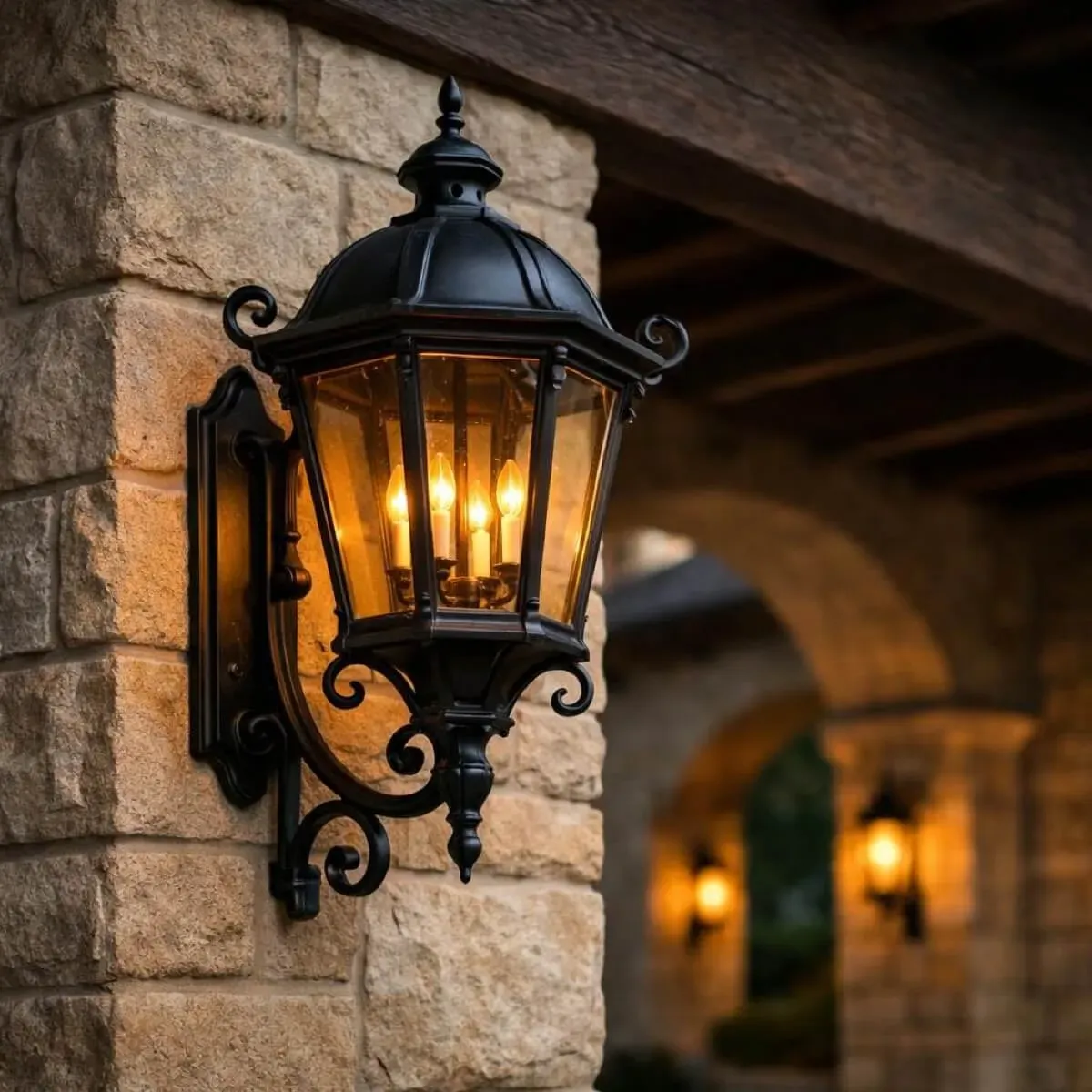 Hand-forged iron carriage lantern on a limestone porte-cochere pier