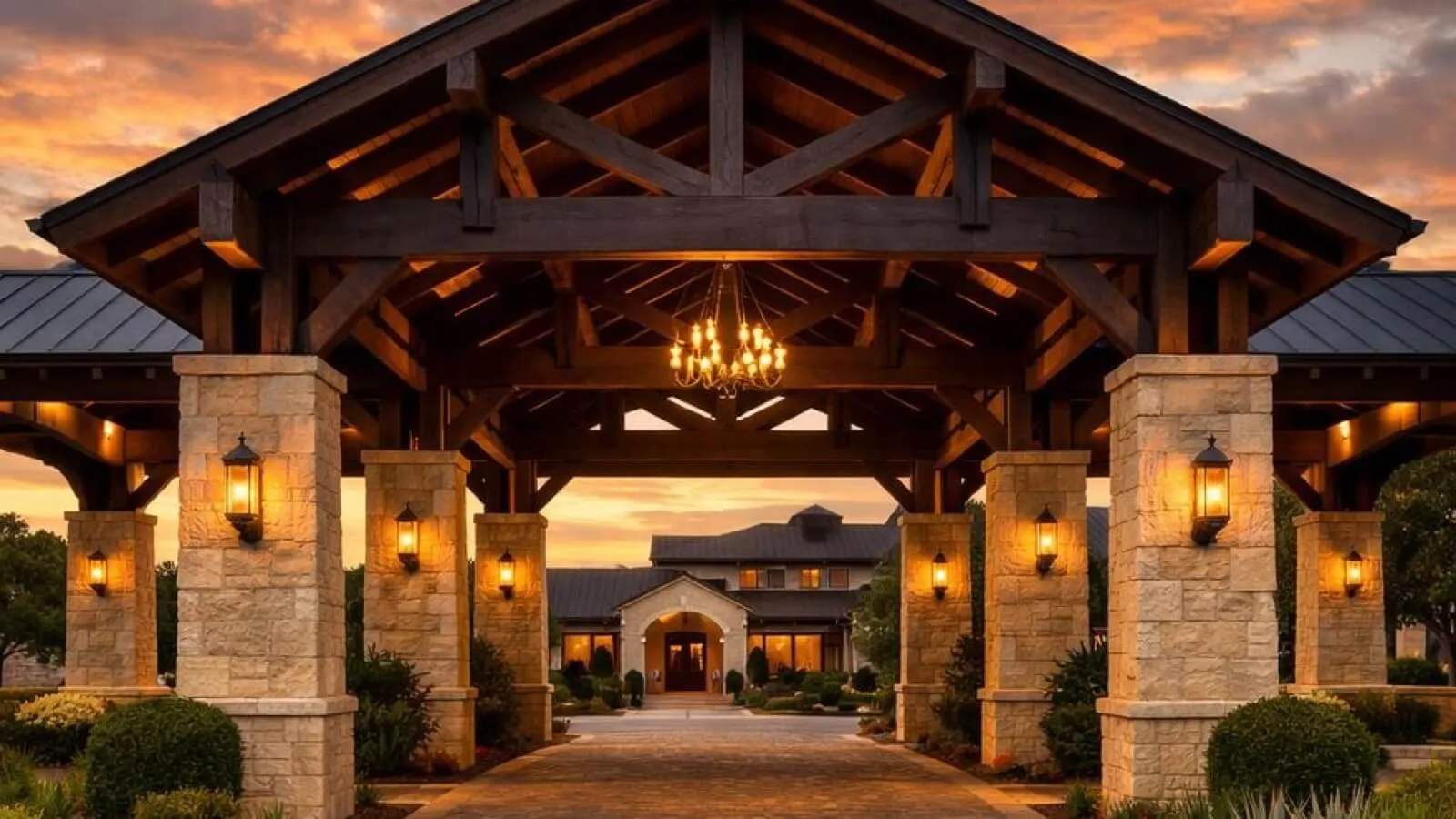 Porte-cochère design at dusk on a Texas Hill Country luxury estate