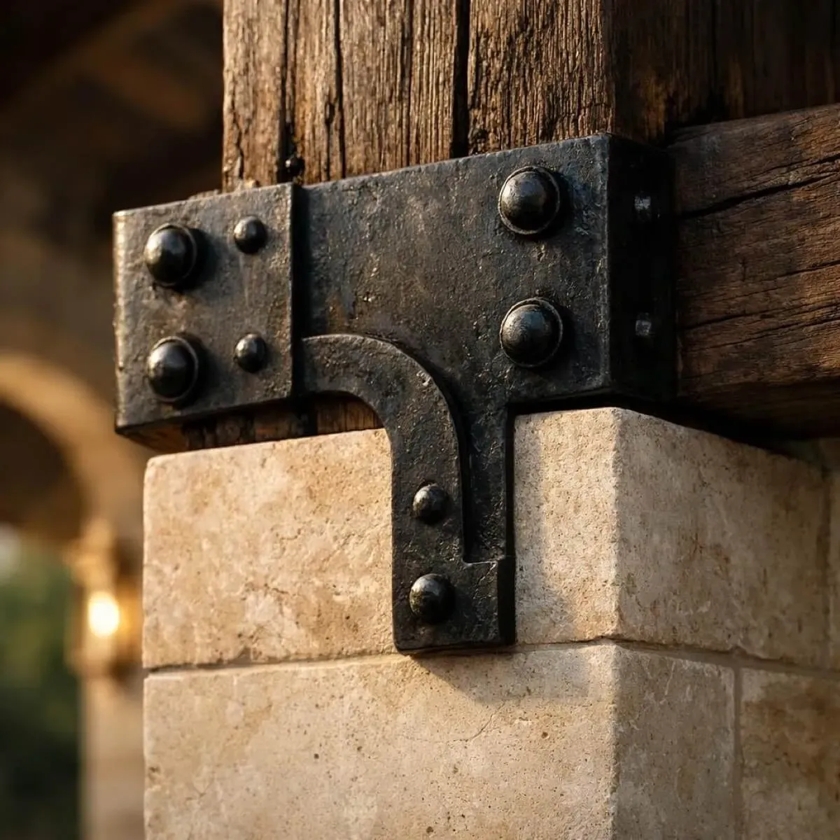 Blackened iron bracket joining a limestone pier and timber beam on a porte-cochere