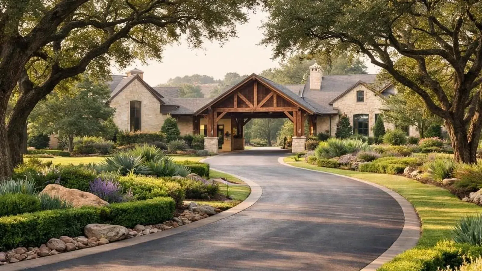 Live oak drive approaching a limestone Hill Country estate and its porte-cochere